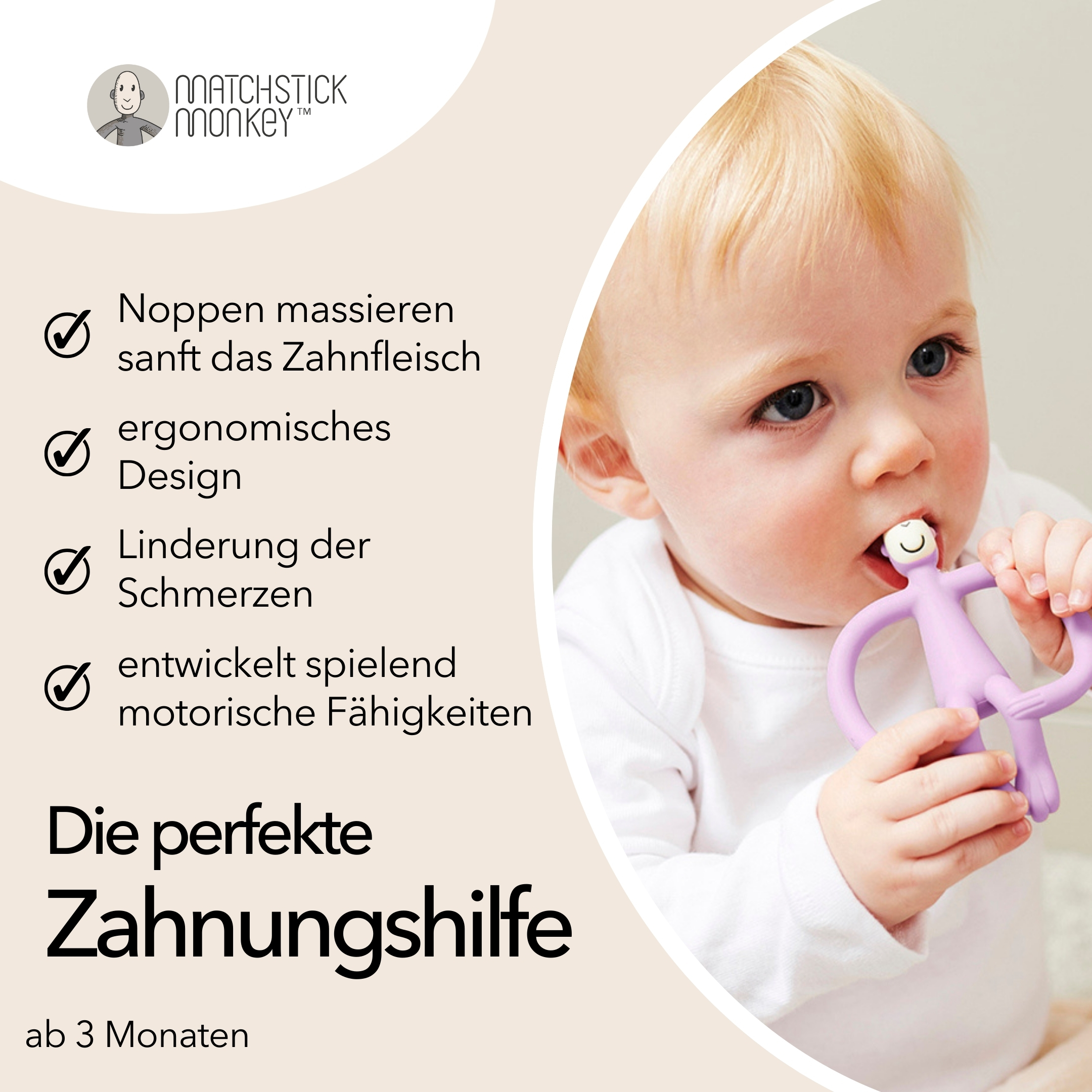 Ein Baby hält einen lila Matchstick Monkey Beißring und lächelt. Text hebt die Vorteile des Beißrings hervor.