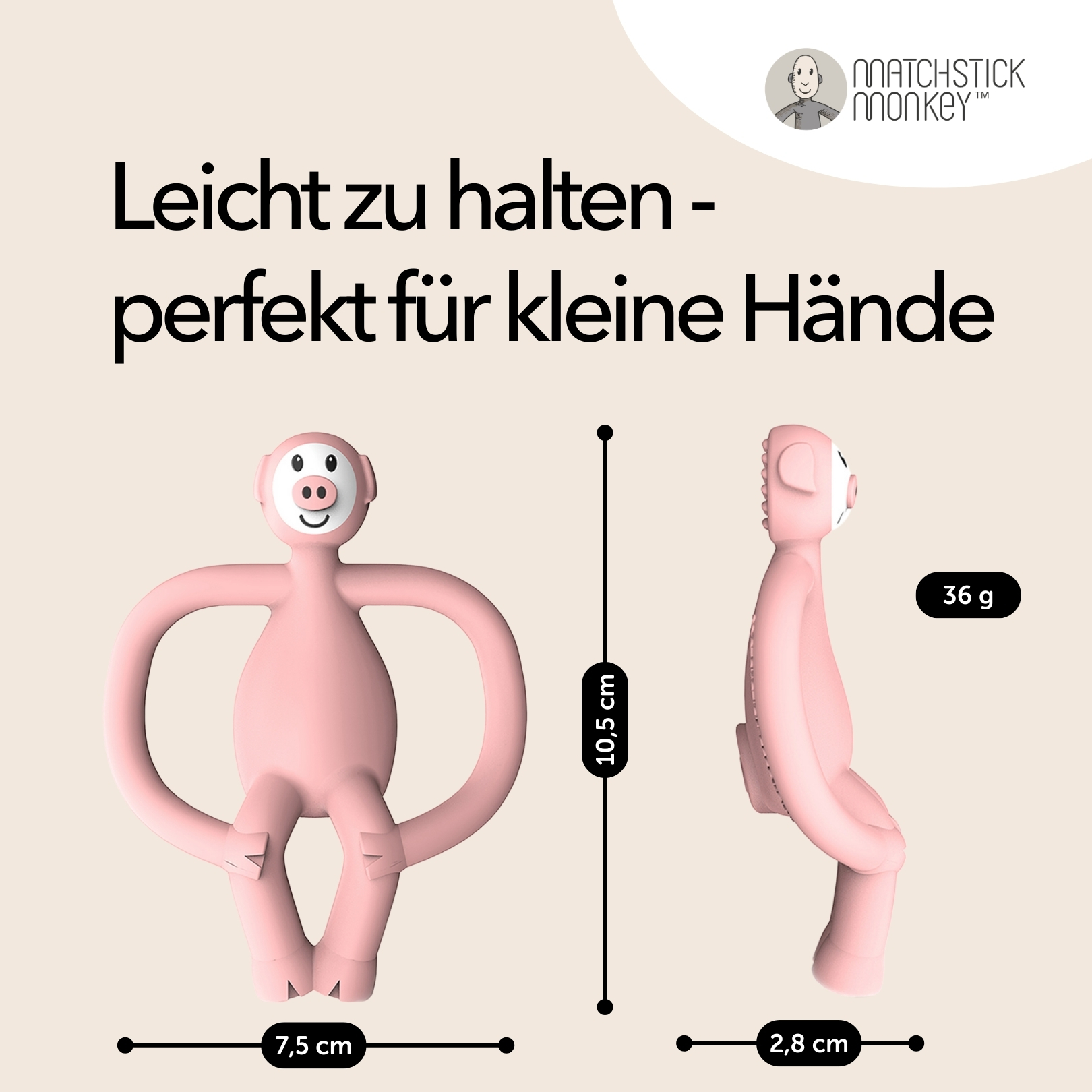 Rosa Affen-Beißspielzeug, mit Maßangaben, weißer Hintergrund.