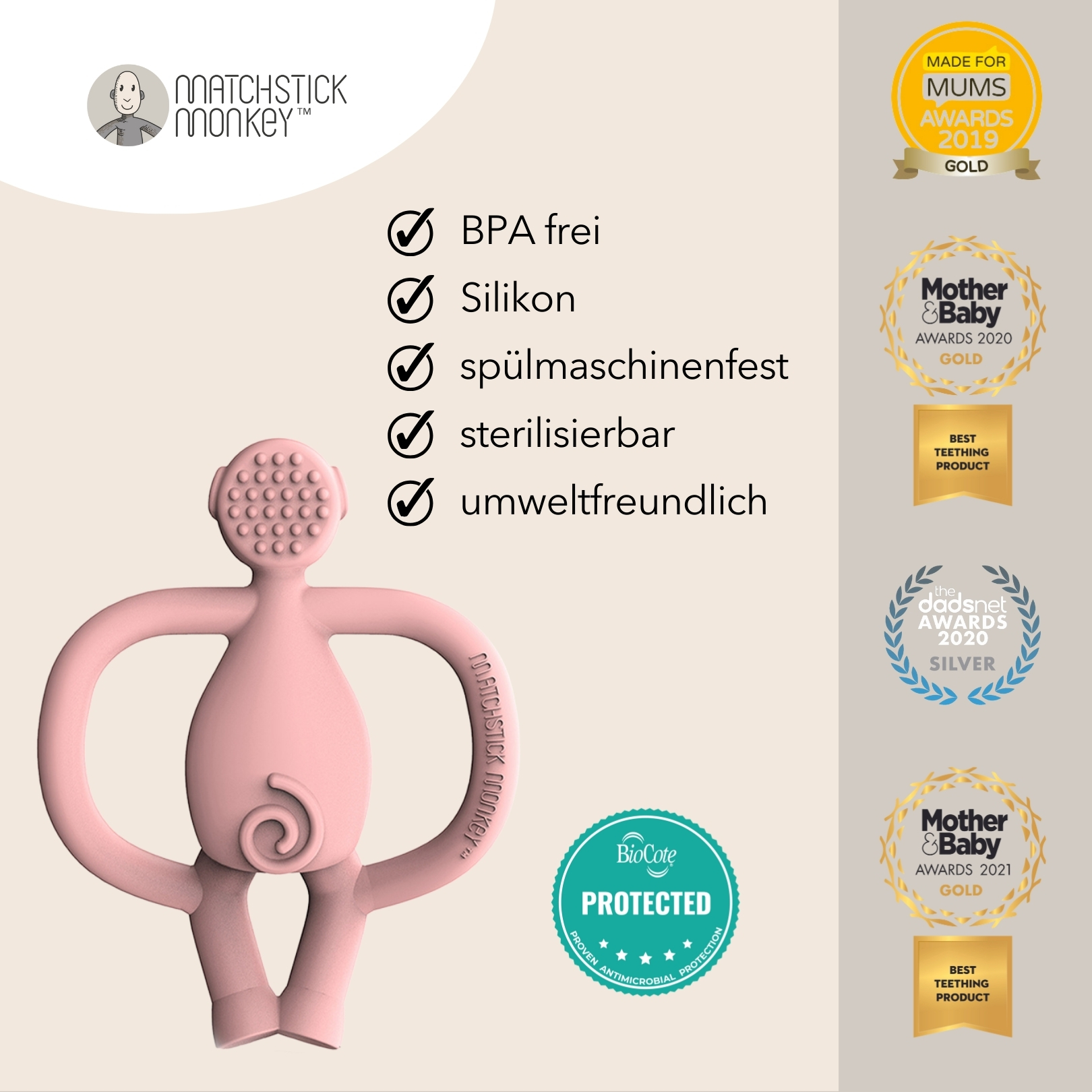 Rosa Affenbeißring, weißer Hintergrund, Produktauszeichnungen, BPA-frei, Silikon, spülmaschinenfest, sterilisierbar.