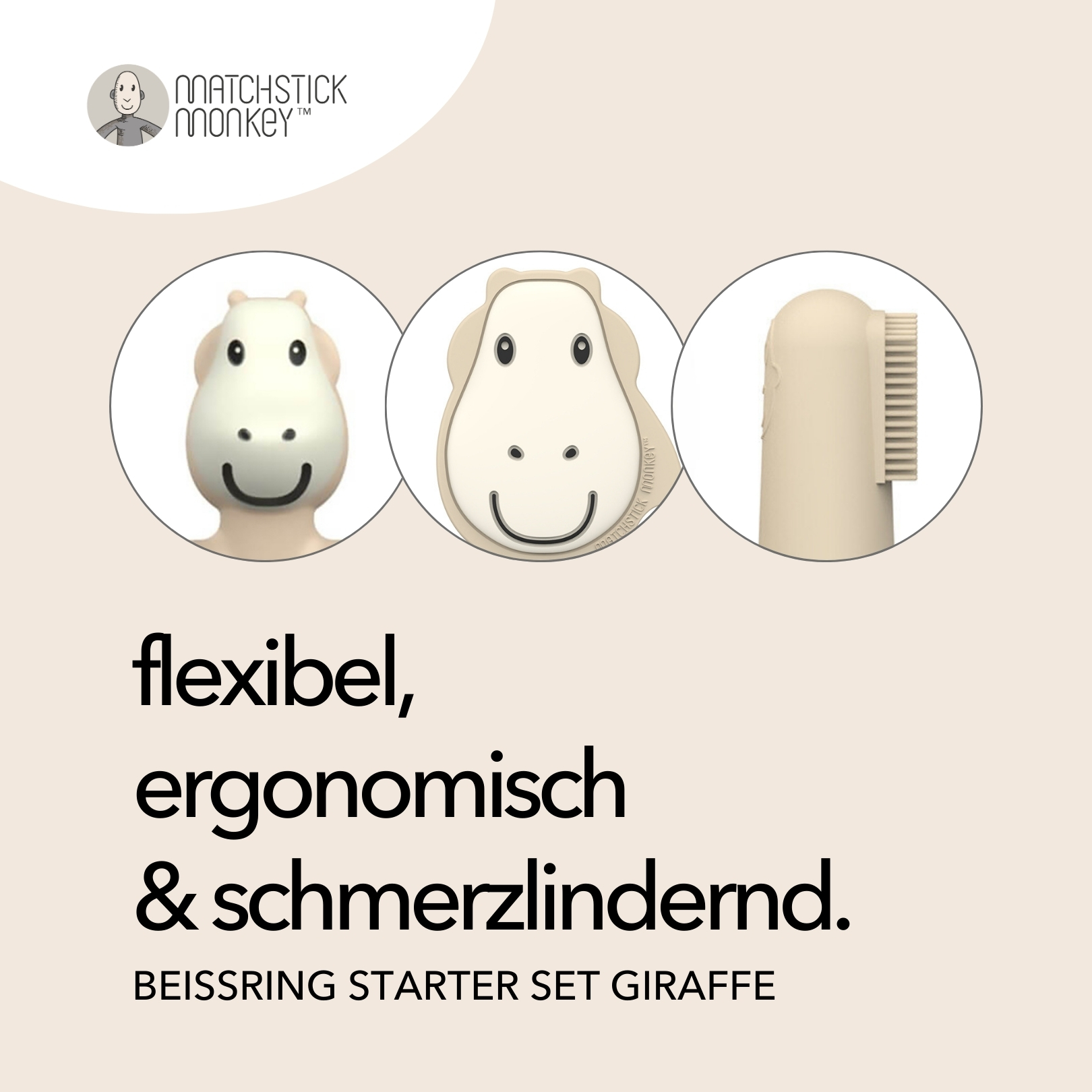 Beißspielzeuge mit Giraffe, Fingerbürste und Affengesicht im Kreis.