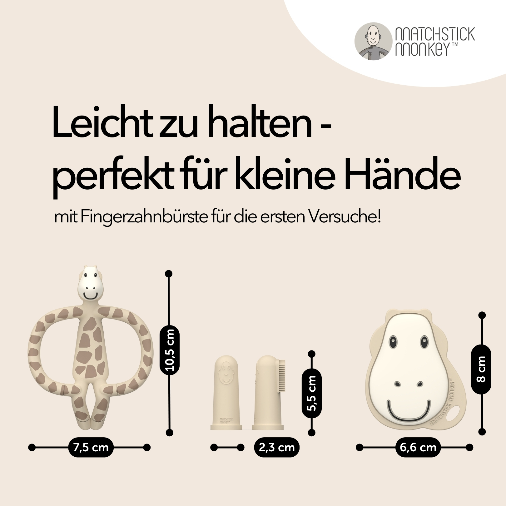 Beißringe und Zahnbürste, Abmessungen, Text: leicht zu halten, perfekt für kleine Hände.