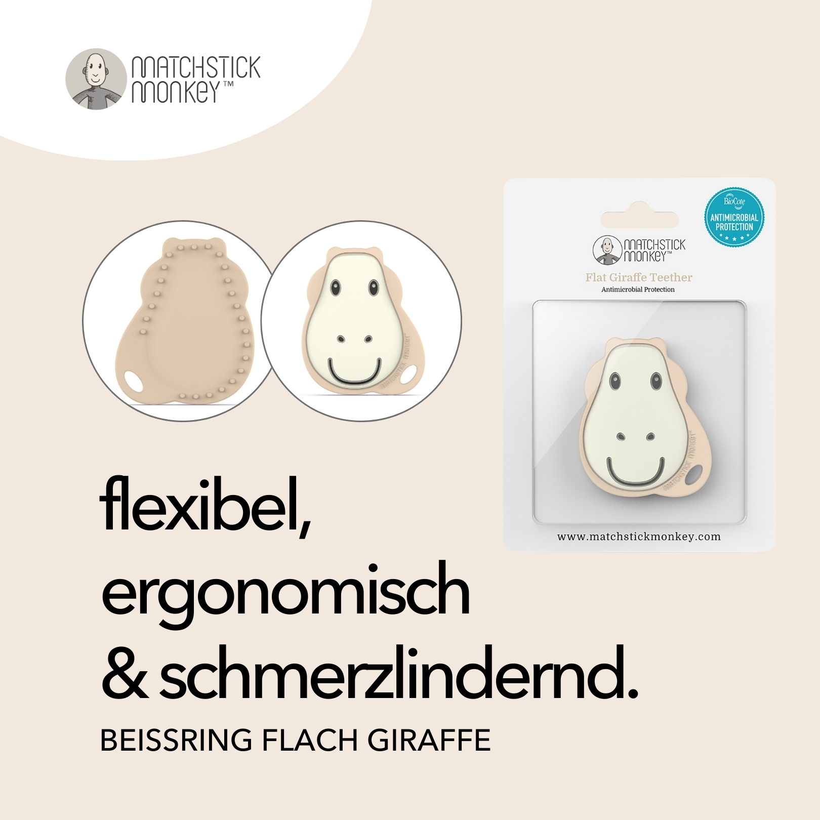 Zwei Beißspielzeuge, mit Text, weißer Hintergrund.
