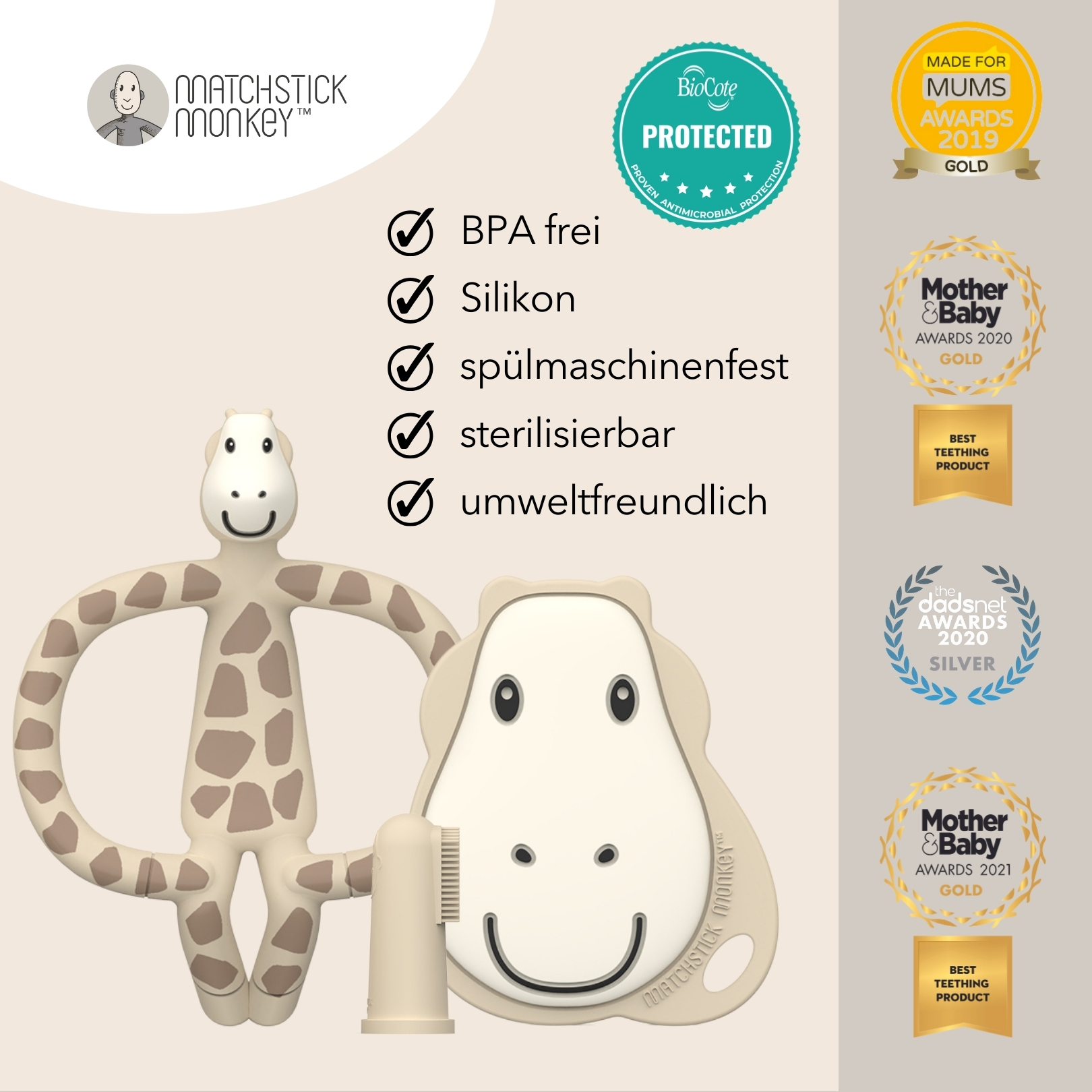 Beißspielzeuge mit Giraffe, Fingerbürste und Affengesicht im Kreis mit Produkt Auszeichnungen.