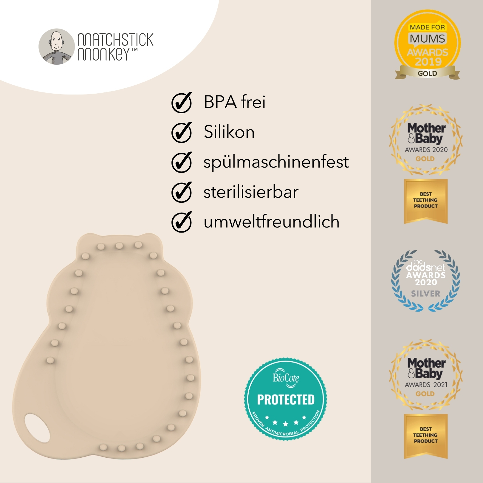 Baby-Beißring und Produkteigenschaften: BPA-frei, Silikon, spülmaschinenfest, sterilisierbar und umweltfreundlich.