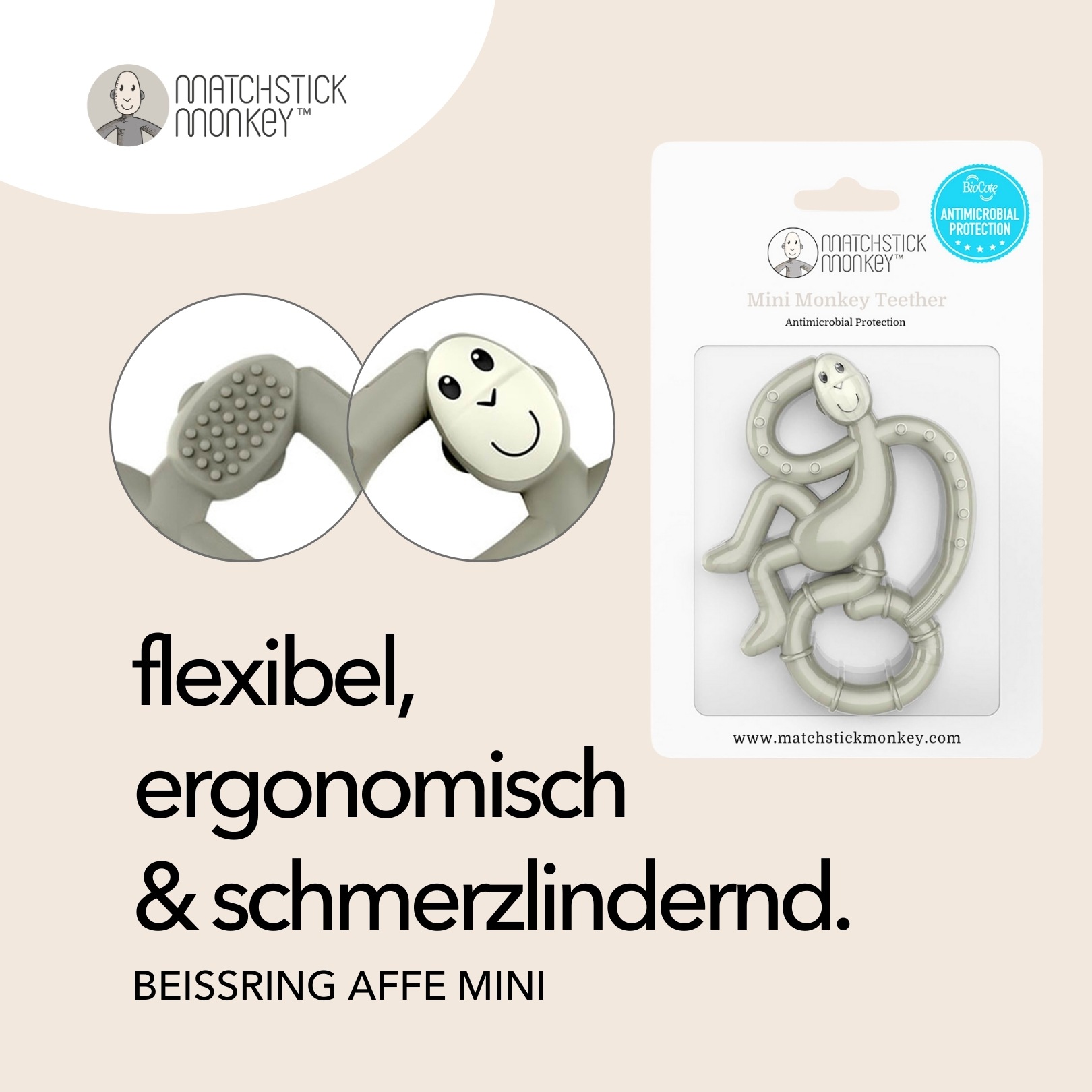 Affen-Beißring mit Verpackung, Produktdetails zeigend. Der Beißring hat Kreis und Affenkopf.