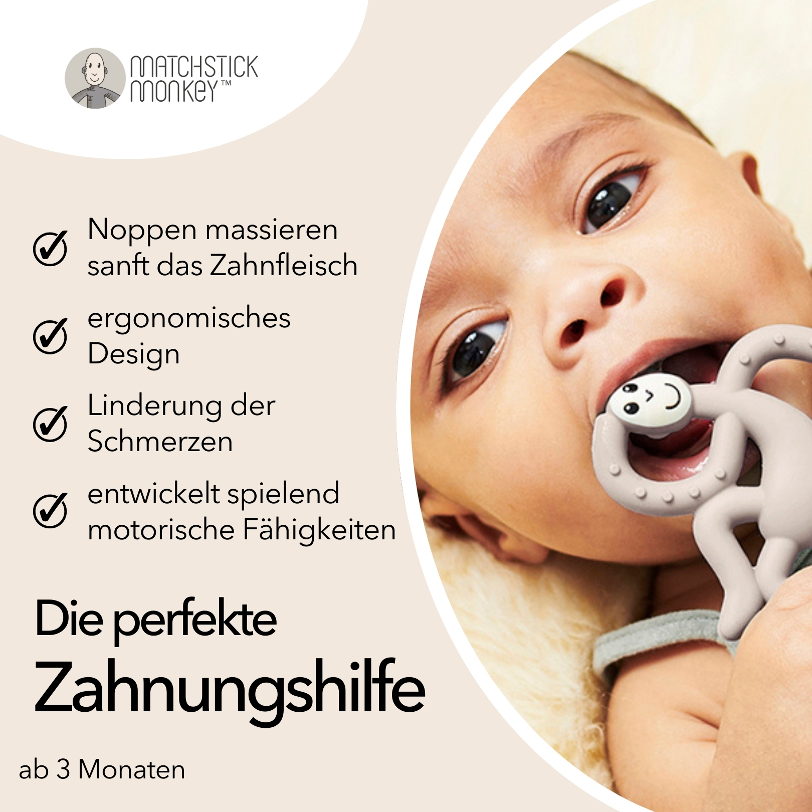Baby mit Beißring, Text: massiert das Zahnfleisch, ergonomisch, lindert Schmerzen, entwickelt motorische Fähigkeiten.