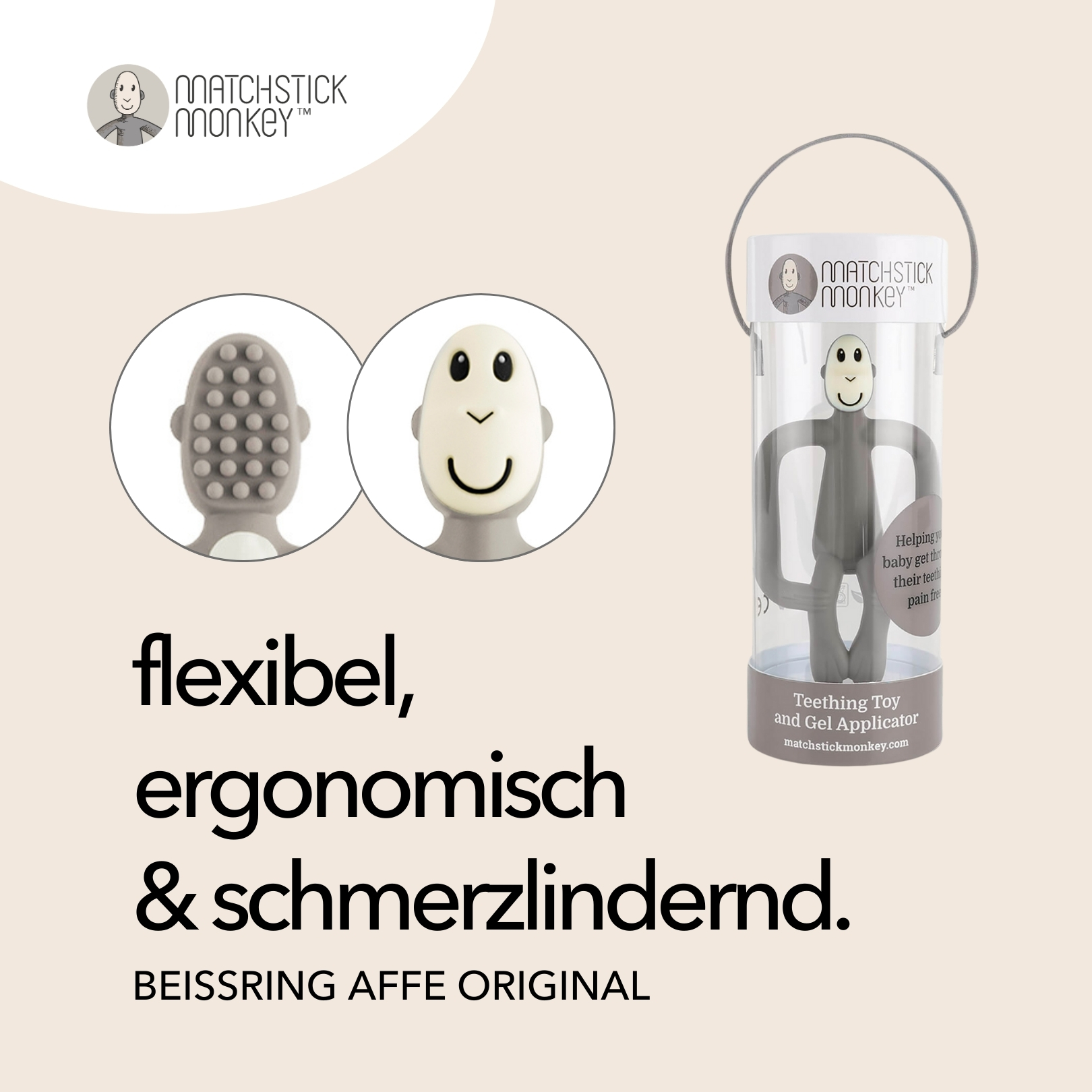 Affen-Beißring und Gel-Applikator mit Produkteigenschaften: flexibel, ergonomisch, schmerzlindernd.