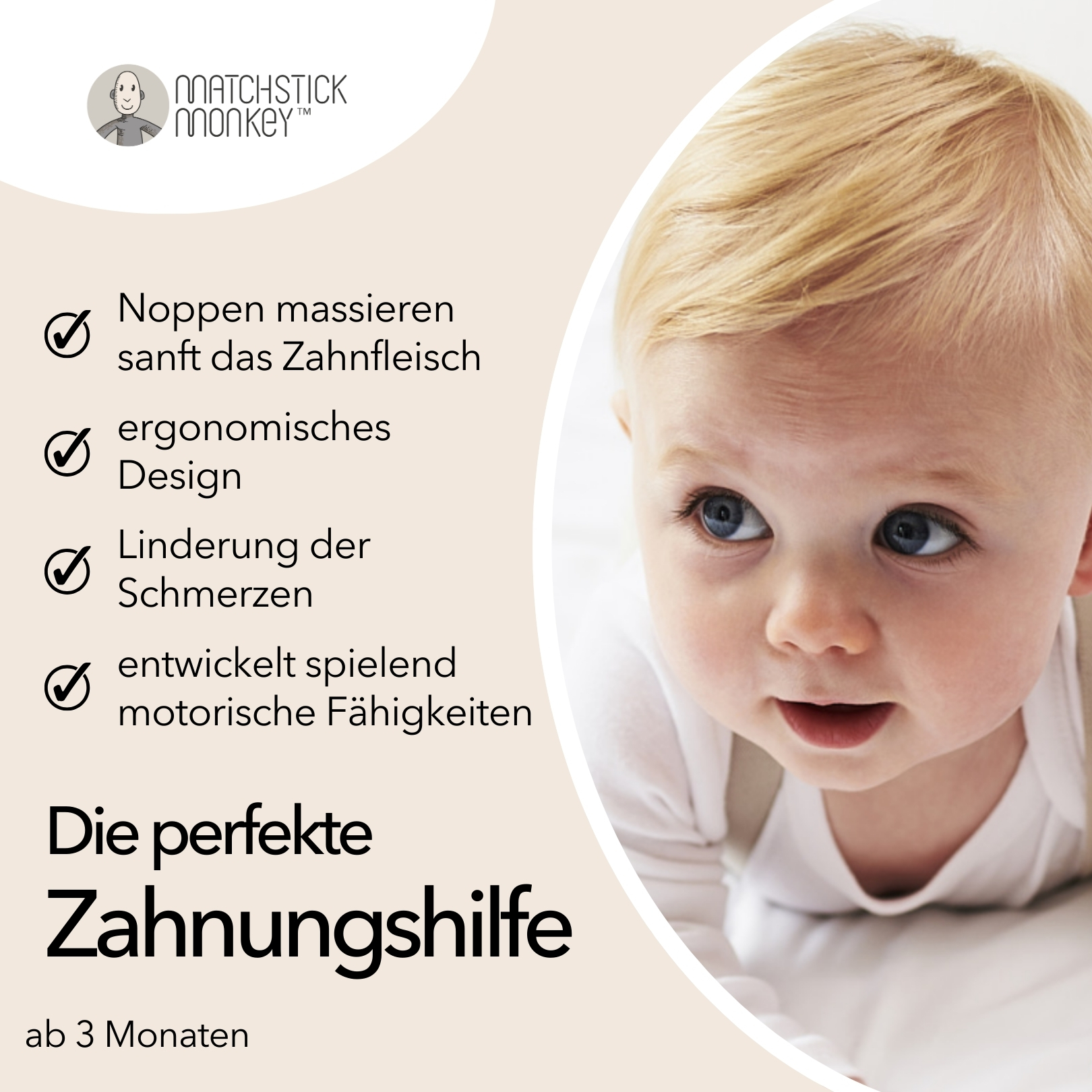 Babygesicht mit Eigenschaften des Beißspielzeugs: massiert das Zahnfleisch, ergonomisches Design und Schmerzlinderung.