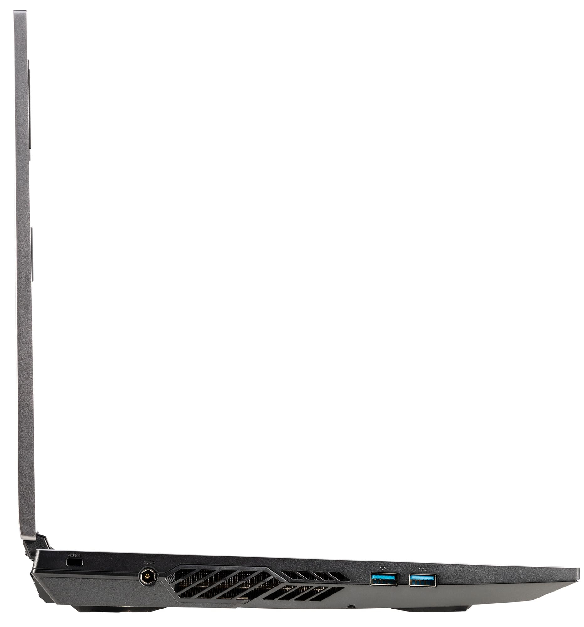 Vista laterale di un laptop con porte aperte, una presa d'aria e un corpo argentato.