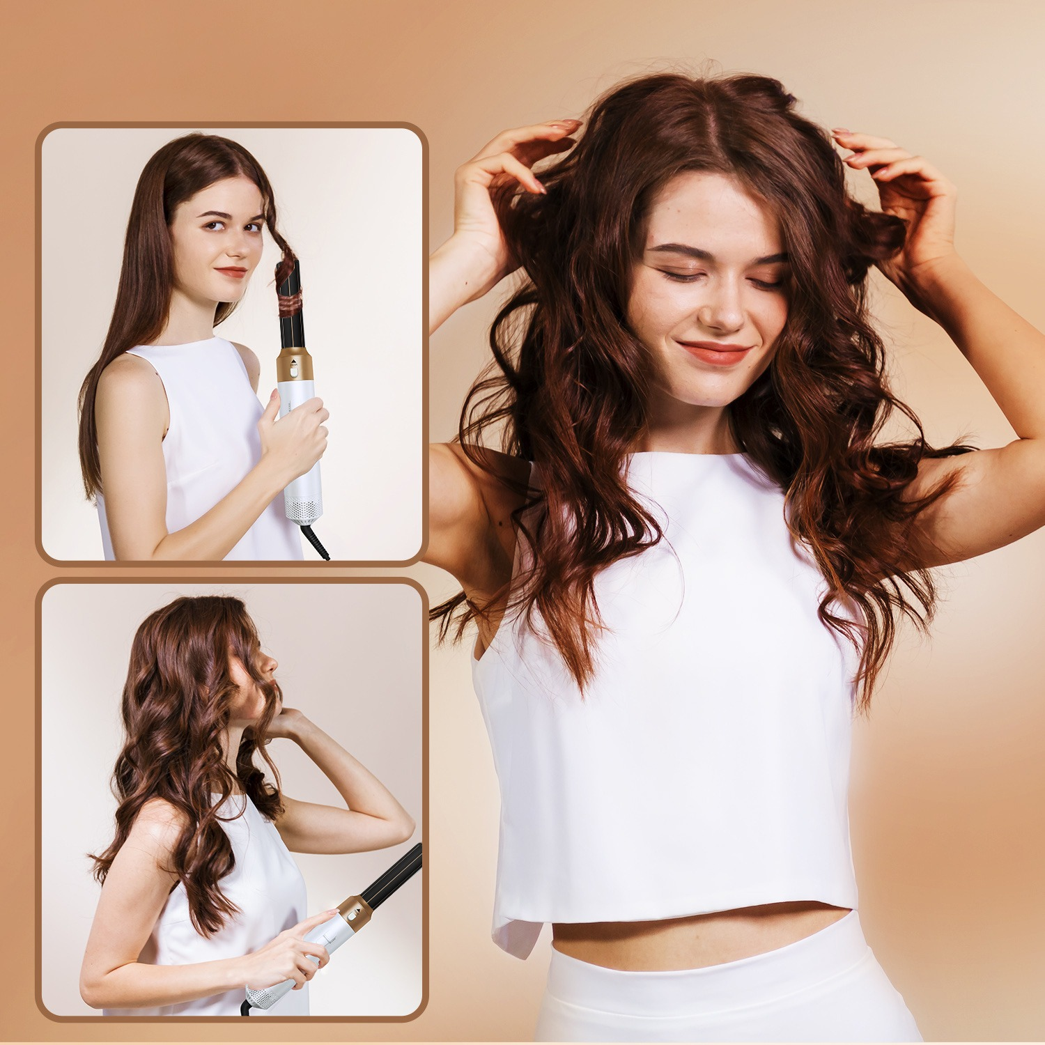 Haarstyling-Tools mit Maßen, darunter ein Föhn, eine Bürste und Lockenstäbe. Weißer Hintergrund.