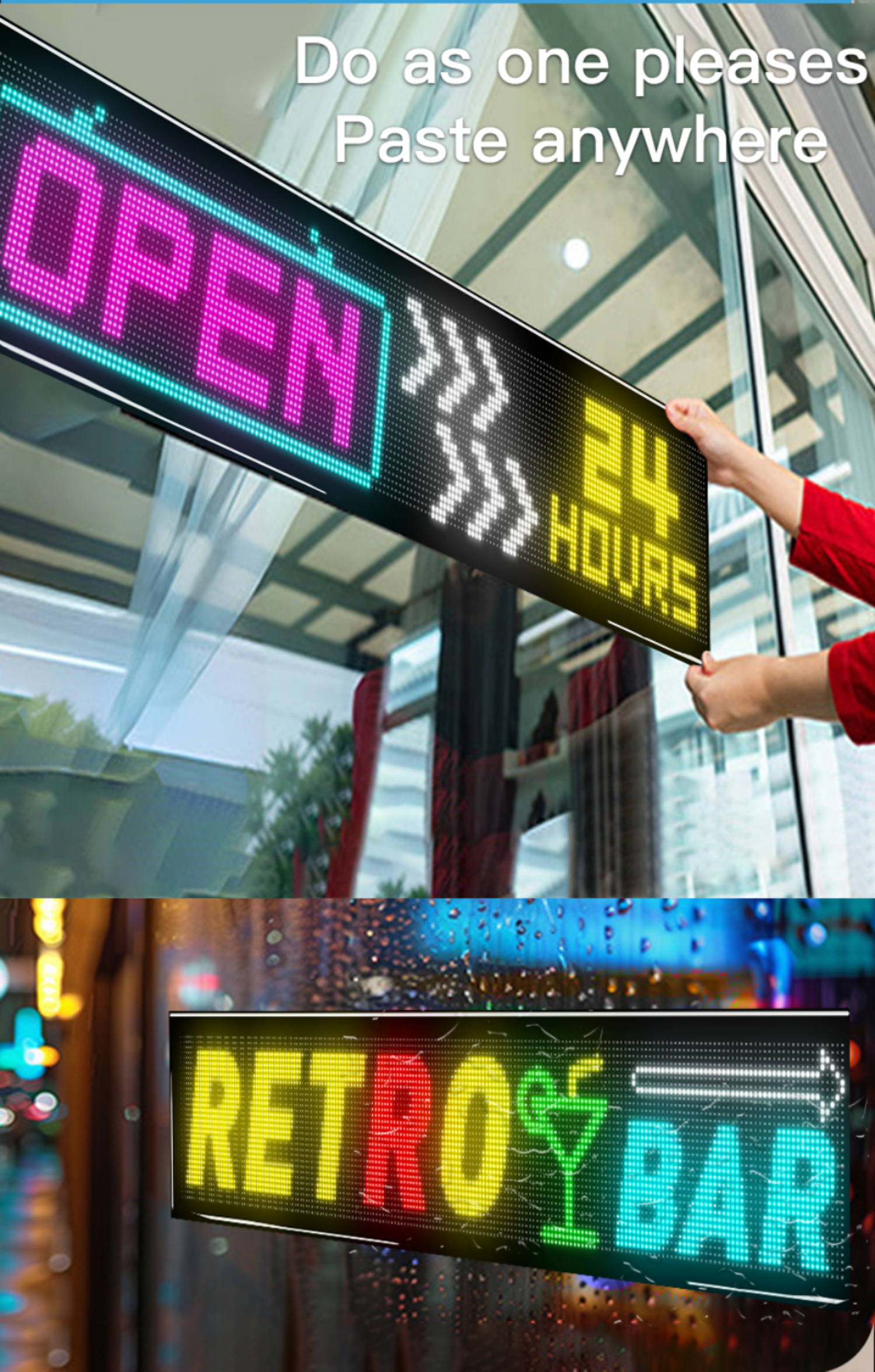 LED-Schilder an einem Fenster, eines mit OPEN, das andere RETRO BAR, mit weißem Hintergrund und einer Person.