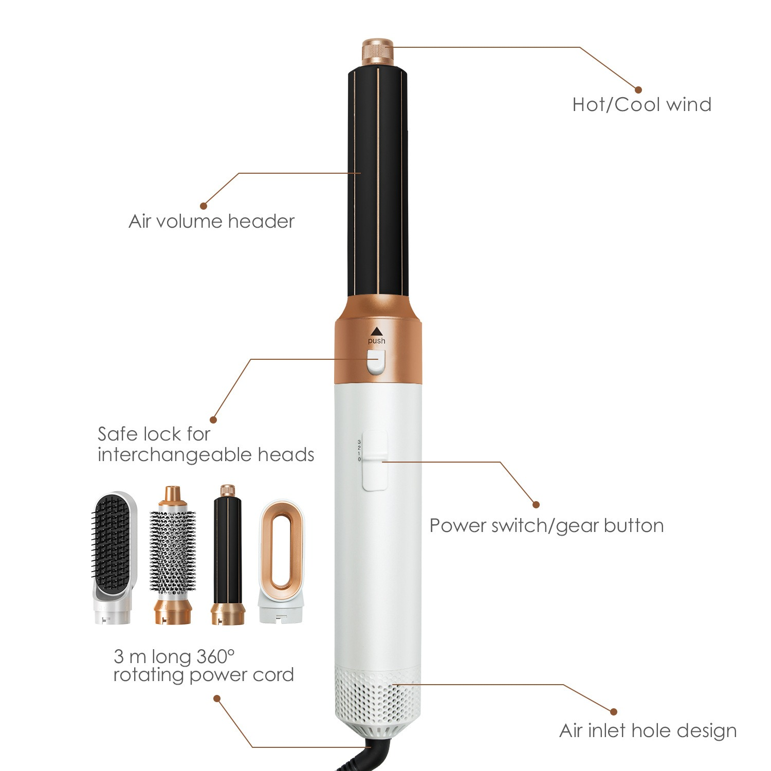 Haarstyler mit Aufsätzen, weißes Gehäuse, schwarze und goldene Details und austauschbare Köpfe. Isoliert auf weißem Hintergrund.