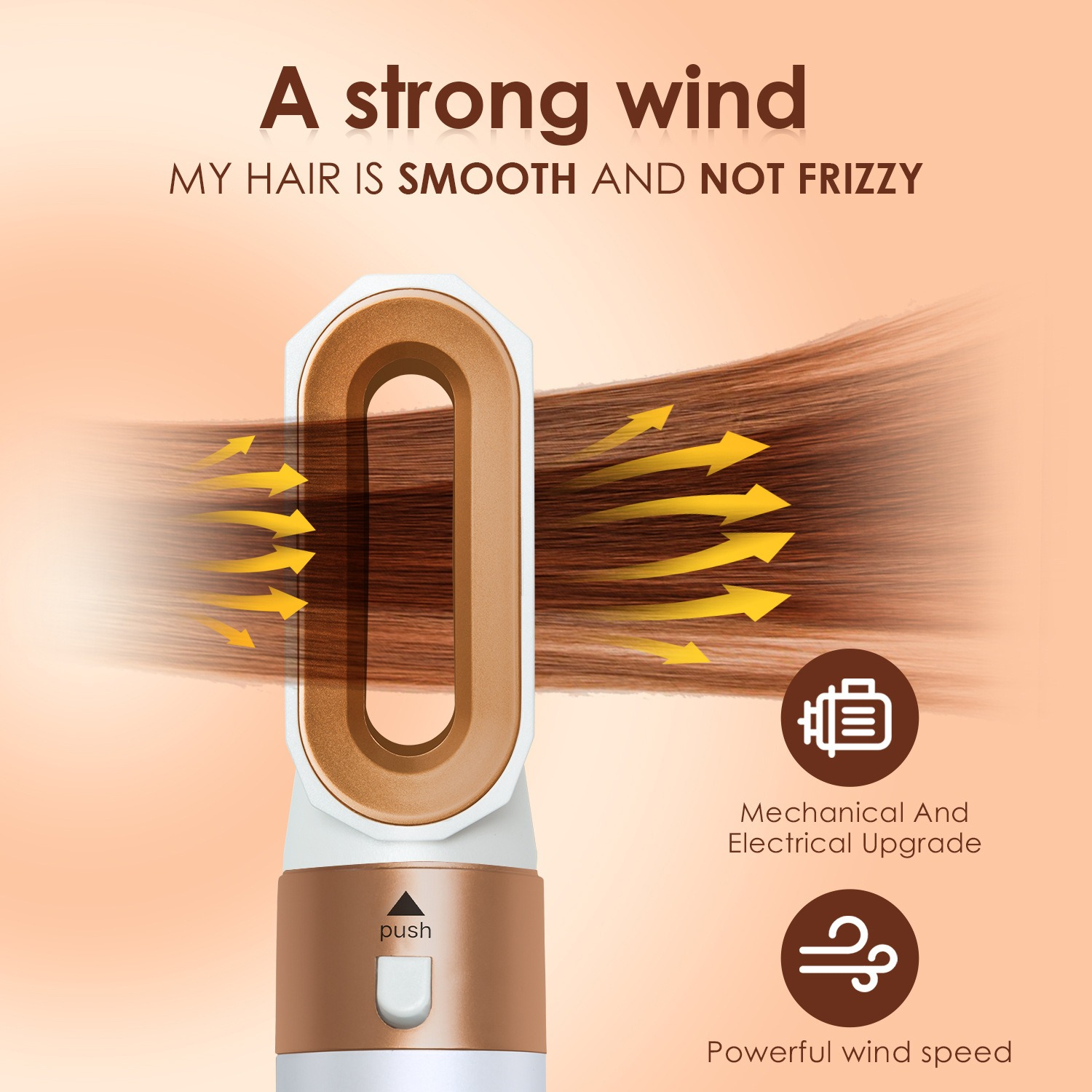 Haartrockner mit starkem Windeffekt, weiße und goldene Details. Pfeile zeigen die Windrichtung an. Braunes Haar.