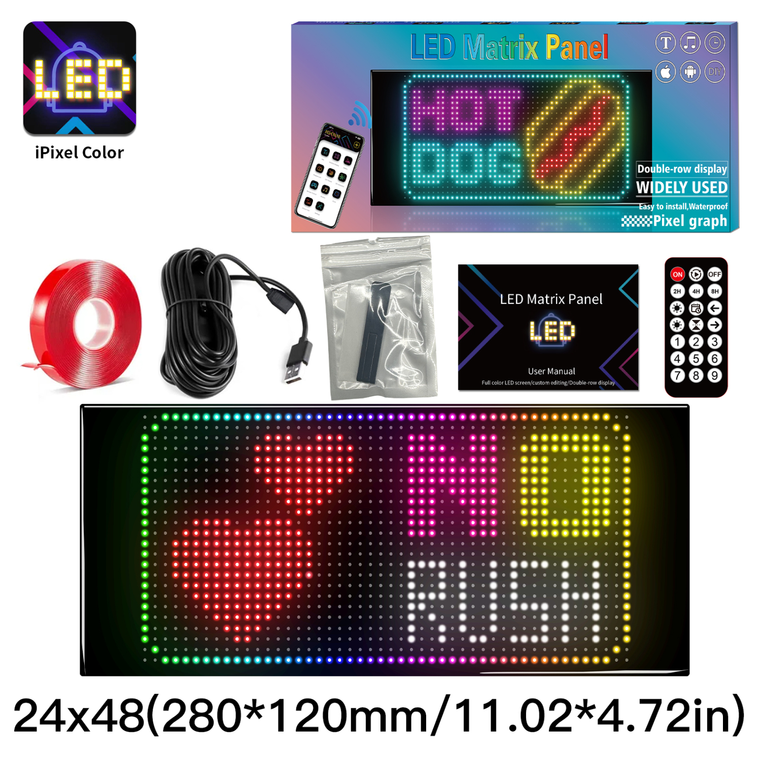 LED-Matrix-Panel mit Zubehör. Anzeige sagt 'HOT DOG' und 'NO RUSH'.