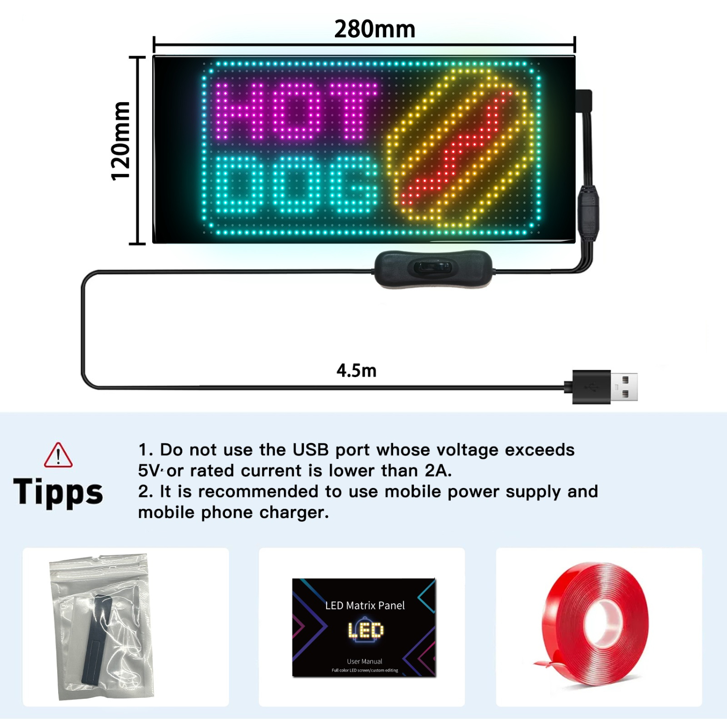 LED-Schild mit HOT DOG-Text und Hotdog-Grafik. Enthält USB-Kabel und Anweisungen.