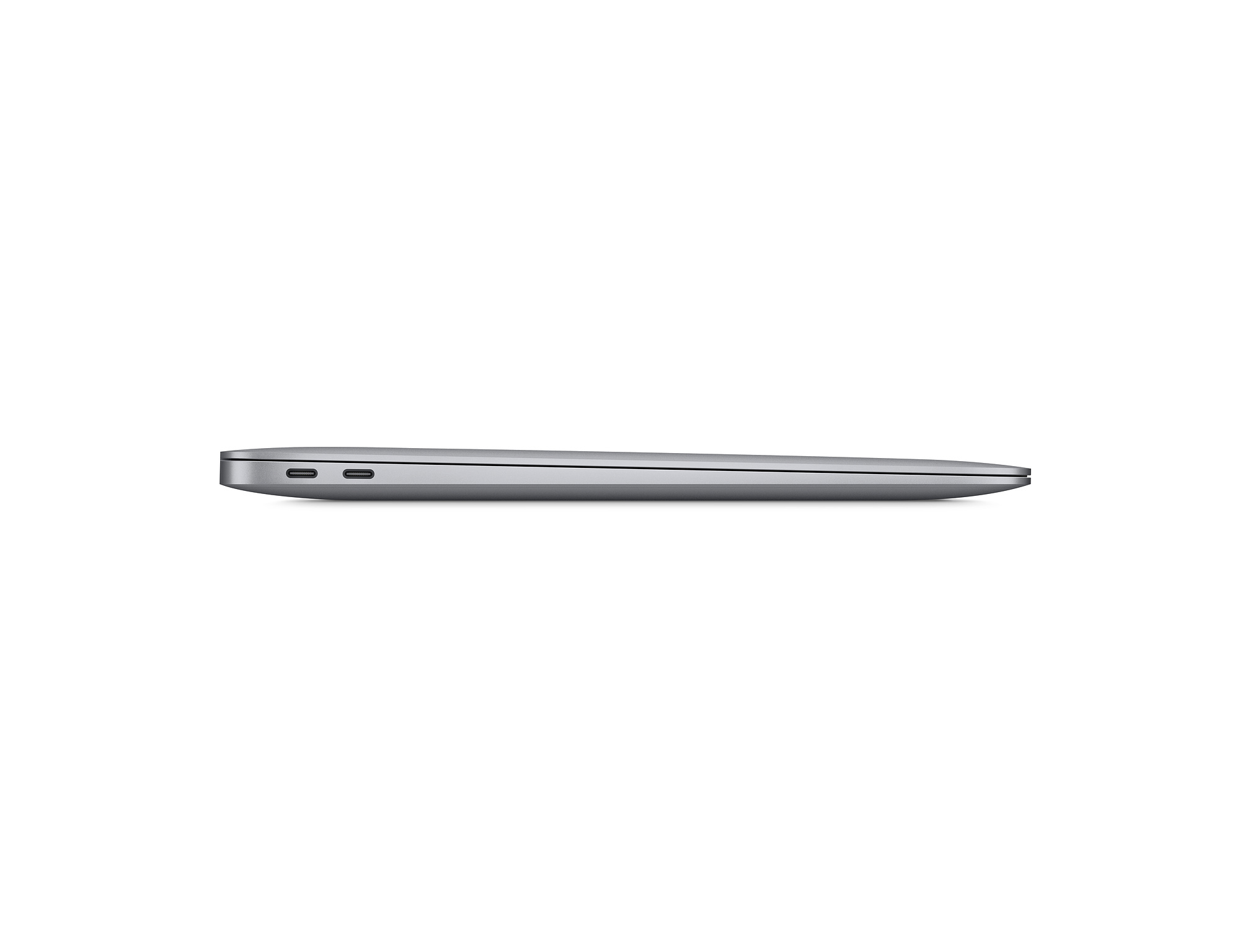 MacBook Air gris, vista lateral, sobre fondo blanco.