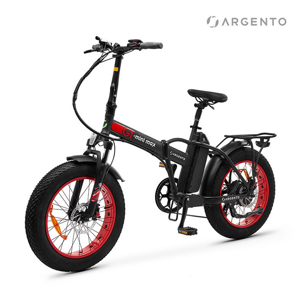 E-bike Argento mini max nera, cerchi rossi, su sfondo bianco.