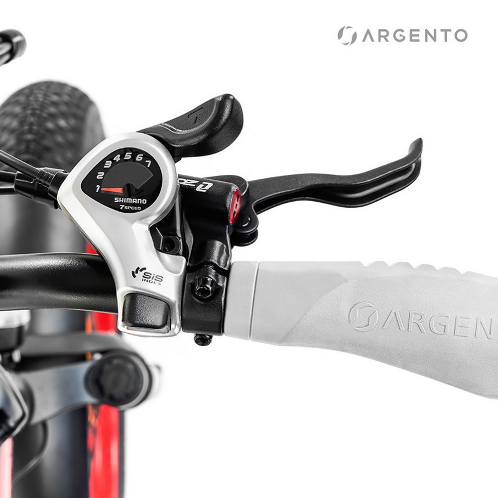 Primo piano del manubrio di una e-bike con selettore del cambio e impugnatura. Sfondo bianco.