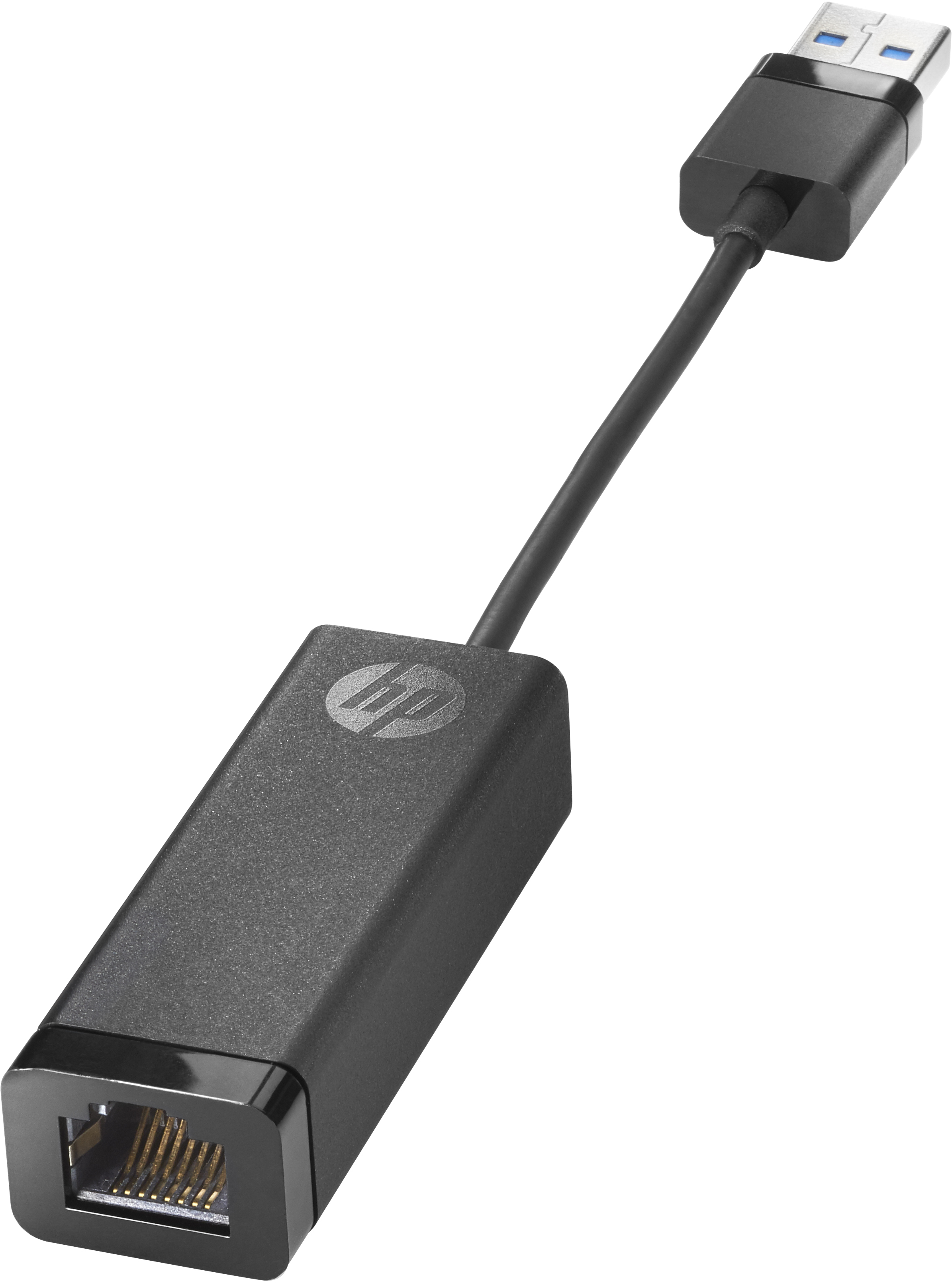 Czarny adapter USB na Ethernet. Logo HP na adapterze. Złącza USB i RJ45.