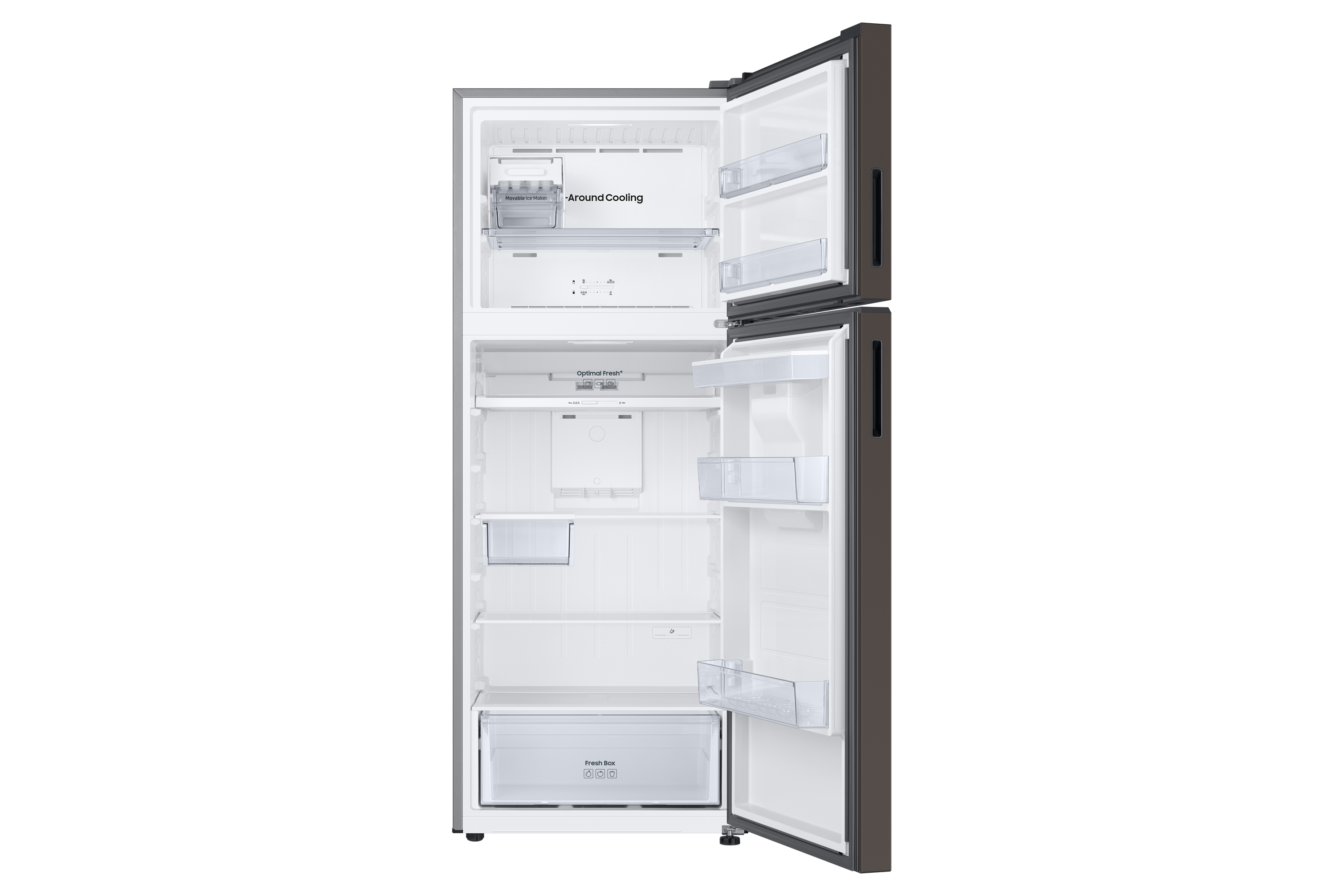 Interno del frigorifero nero con ripiani, cassetti e una luce, porte aperte, sfondo bianco.