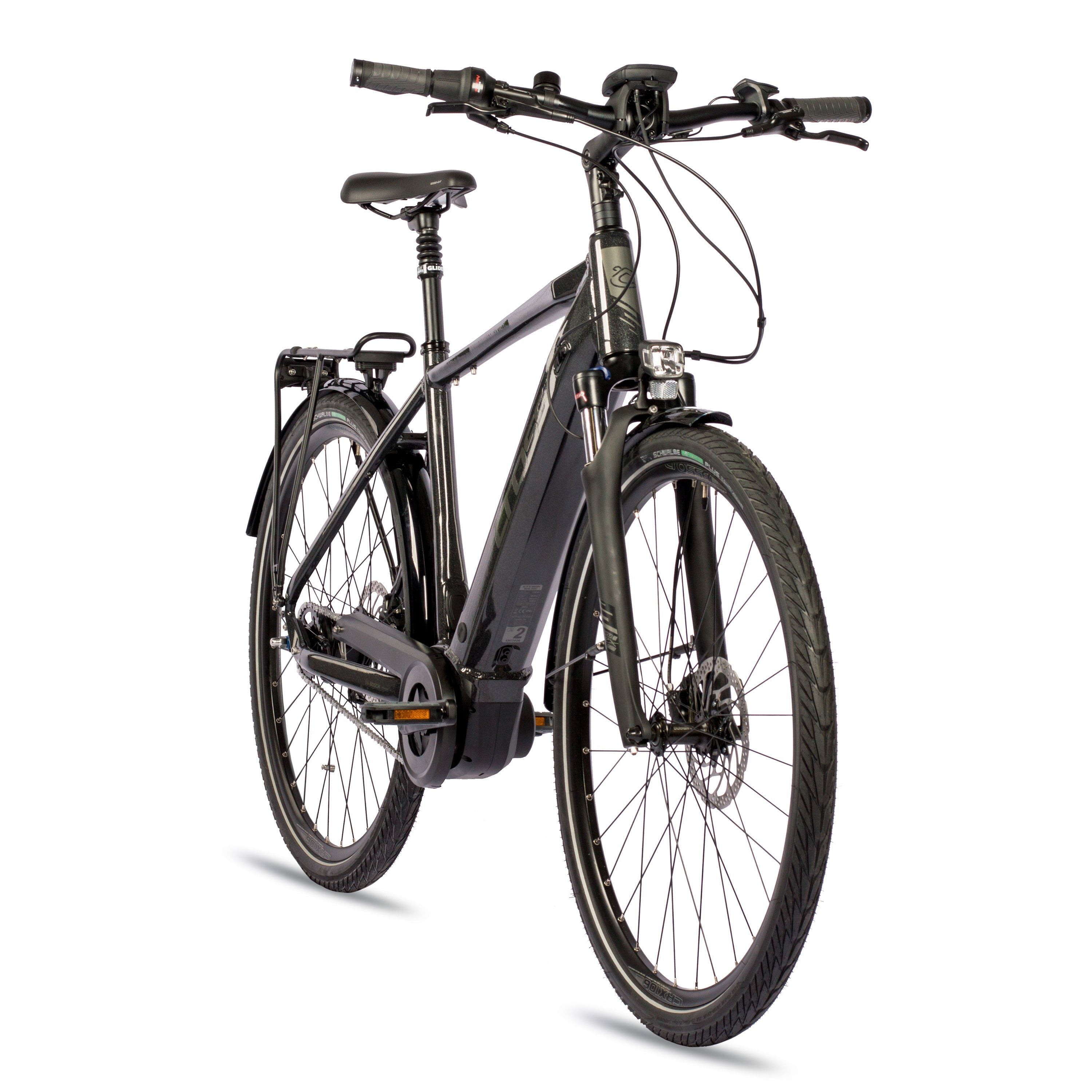 Vorderansicht eines schwarzen Elektrofahrrads auf weißem Hintergrund. Das Fahrrad hat das Wort "cross" auf dem Rahmen und schwarze Reifen.