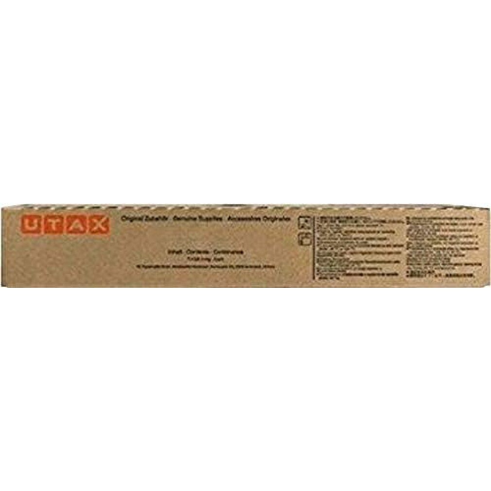 Una scatola marrone con il logo UTax e testo. Sfondo bianco.