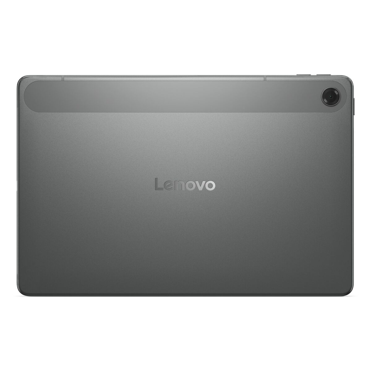 Achteraanzicht van een grijze Lenovo-tablet. Lenovo-logo in het midden, camera rechts.