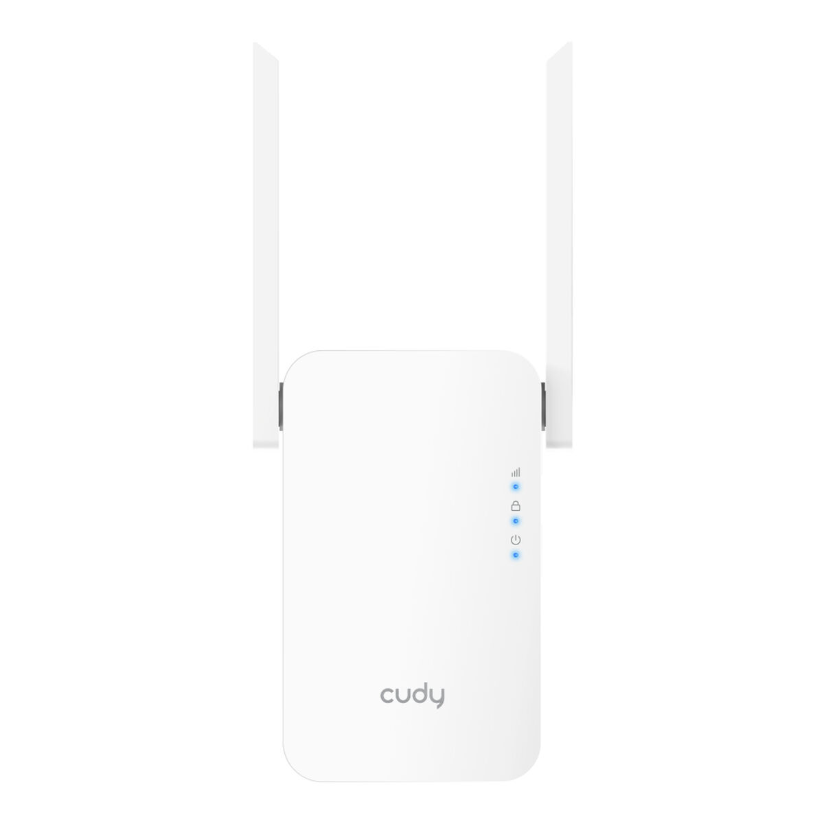İki antenli, mavi göstergeli beyaz Cudy WiFi genişletici. 'cudy' logosu görünür.