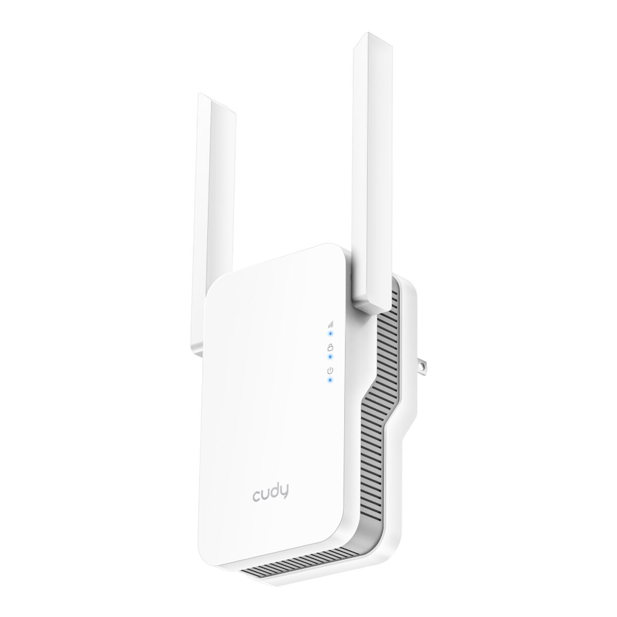İki antenli beyaz Cudy Wi-Fi genişletici. Önde mavi ışıklar, takılı.