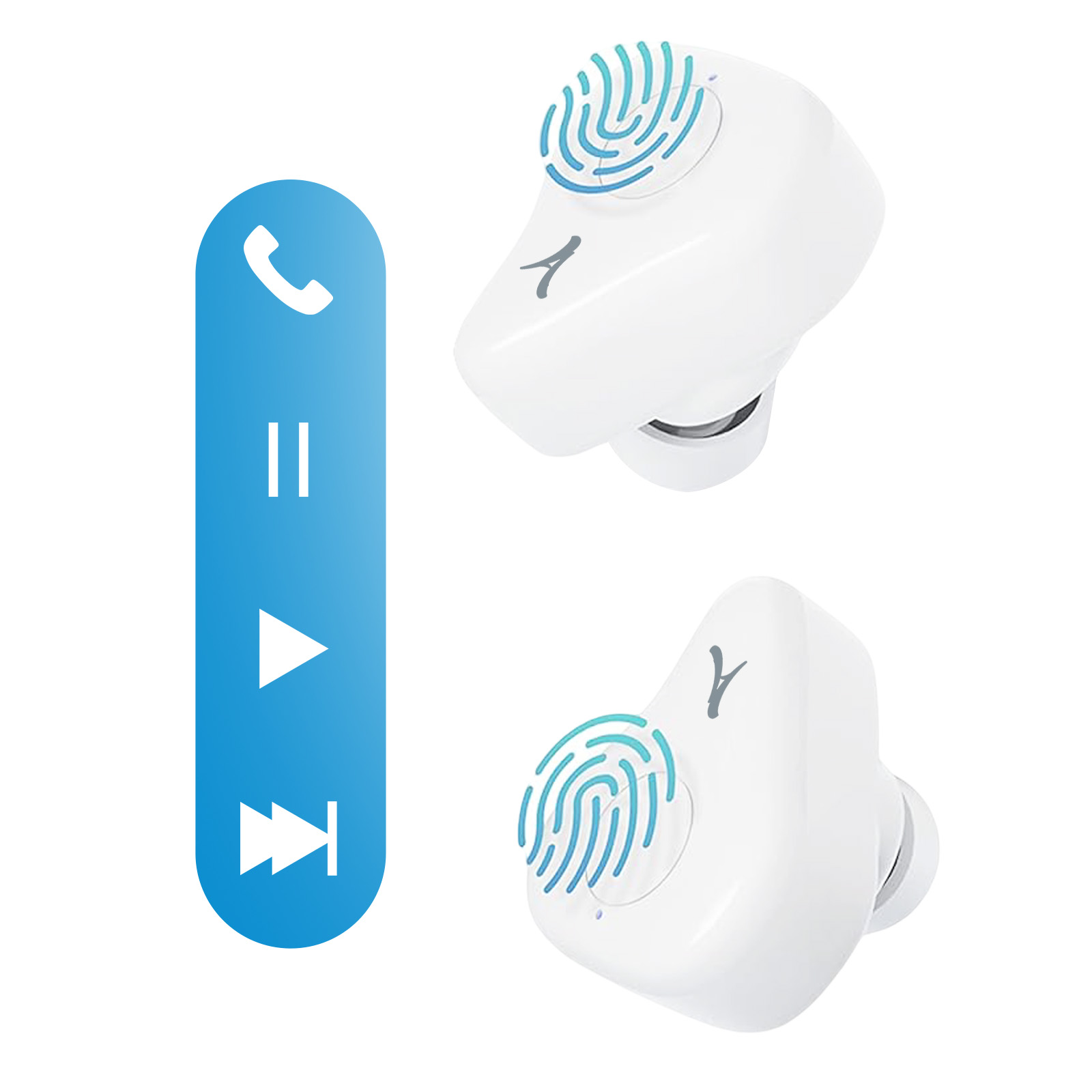 Weiße Ohrhörer mit blauem Steuerungssymbol. Ohrhörer haben Fingerabdruckdesign.