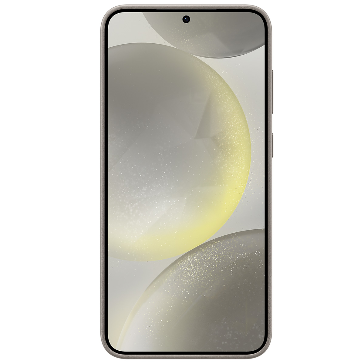Smartphone mit hellem Rahmen, Bildschirm zeigt Hintergrund mit Kugeln.