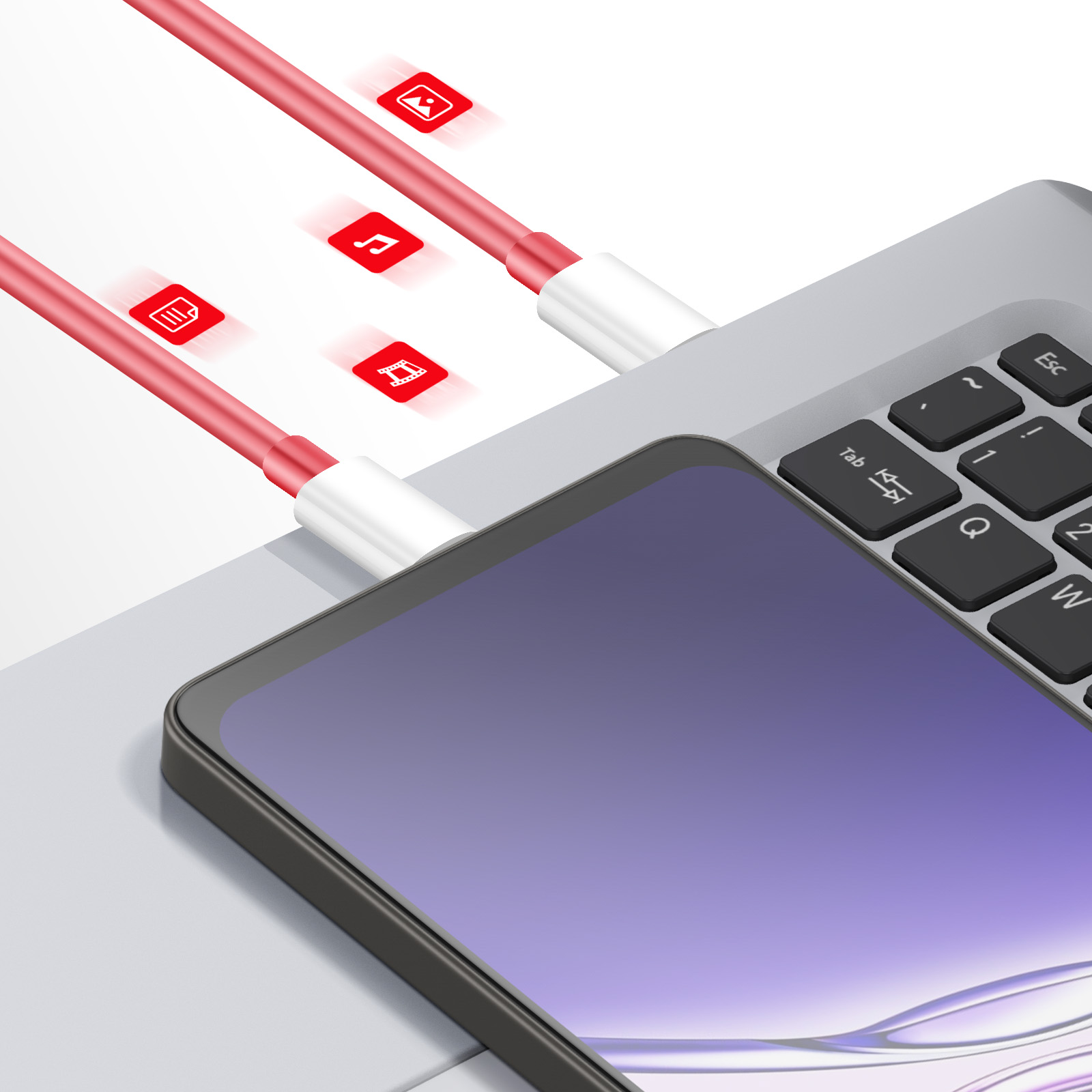 Czerwony kabel ładujący podłączony do laptopa i telefonu, ikony plików, muzyki i obrazu.