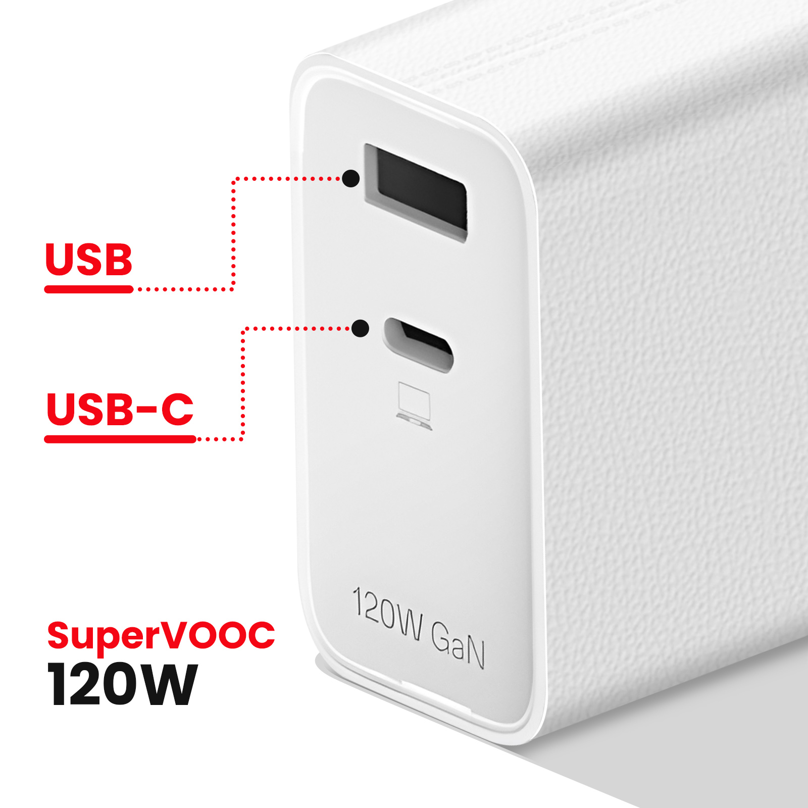 Biały power bank z portami USB i USB-C, z etykietami i SuperVOOC 120W.