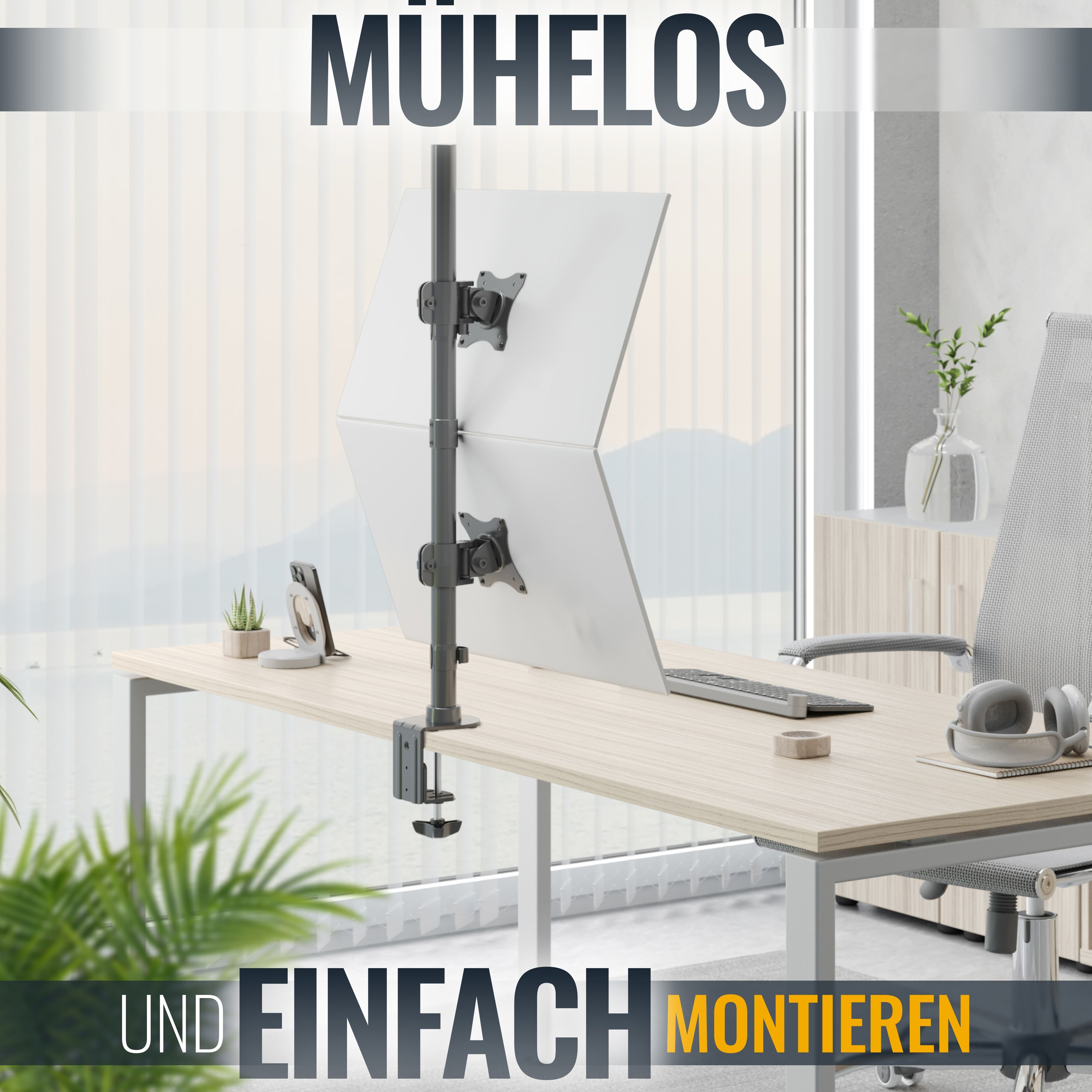 Eine Doppelmonitorhalterung auf einem Schreibtisch. Die Monitore sind weiß. Der Hintergrund zeigt ein Büro.