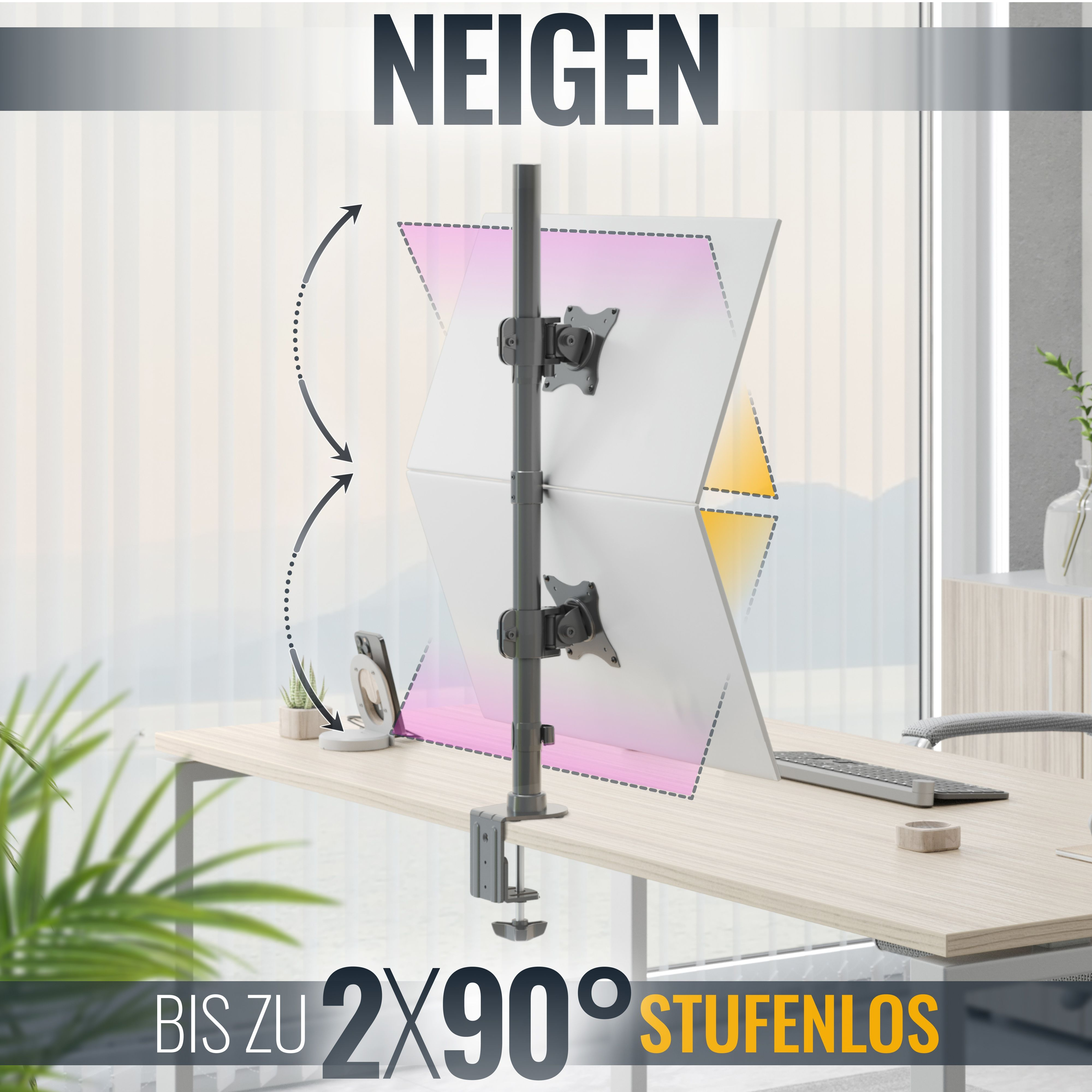 Ein Schreibtisch mit einer Doppelmonitorhalterung. Die Monitore sind weiß. Der Hintergrund ist ein Büroraum.