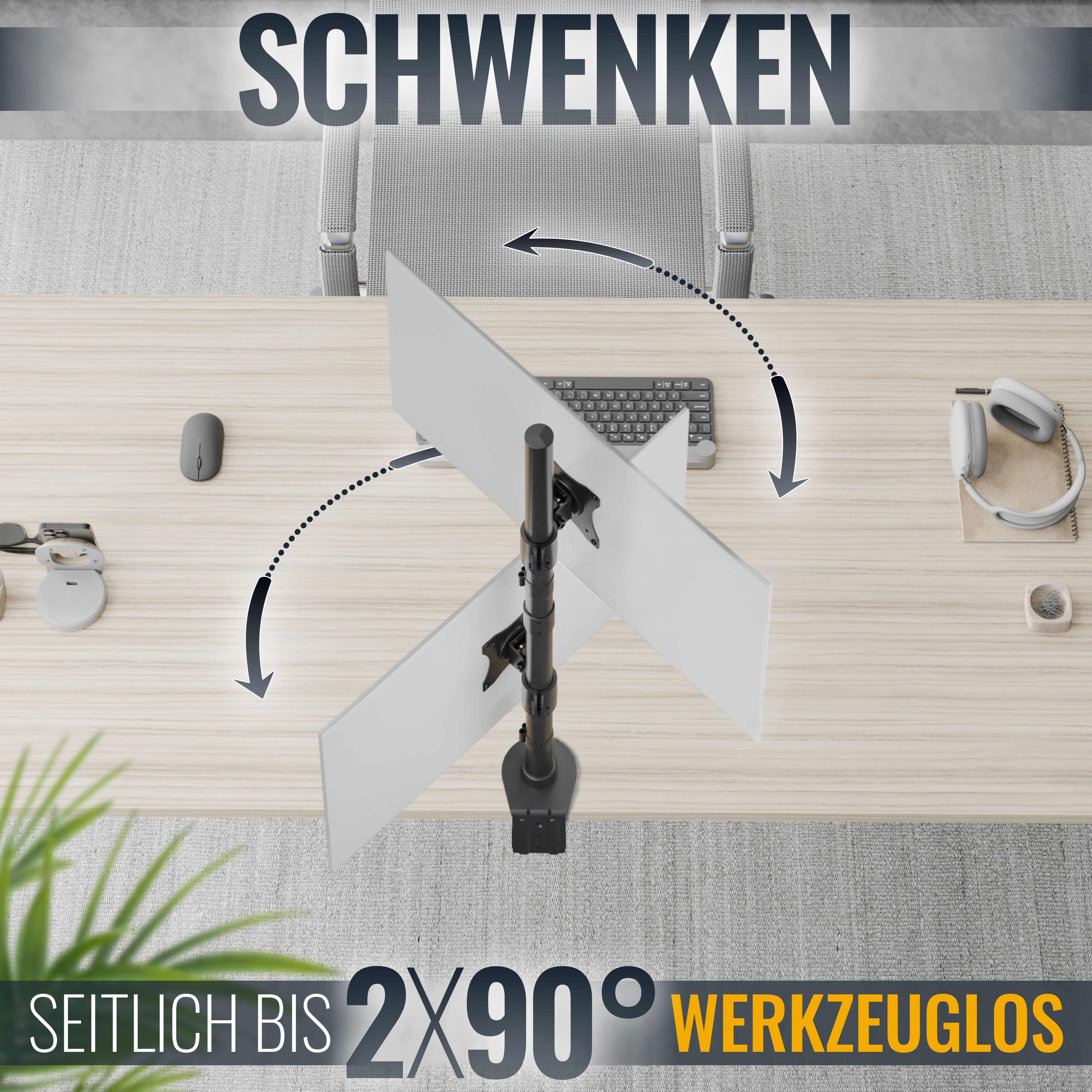 Eine Draufsicht auf einen Schreibtisch. Er hat eine Doppelmonitorhalterung. Die Monitore sind weiß. Es gibt eine Tastatur.