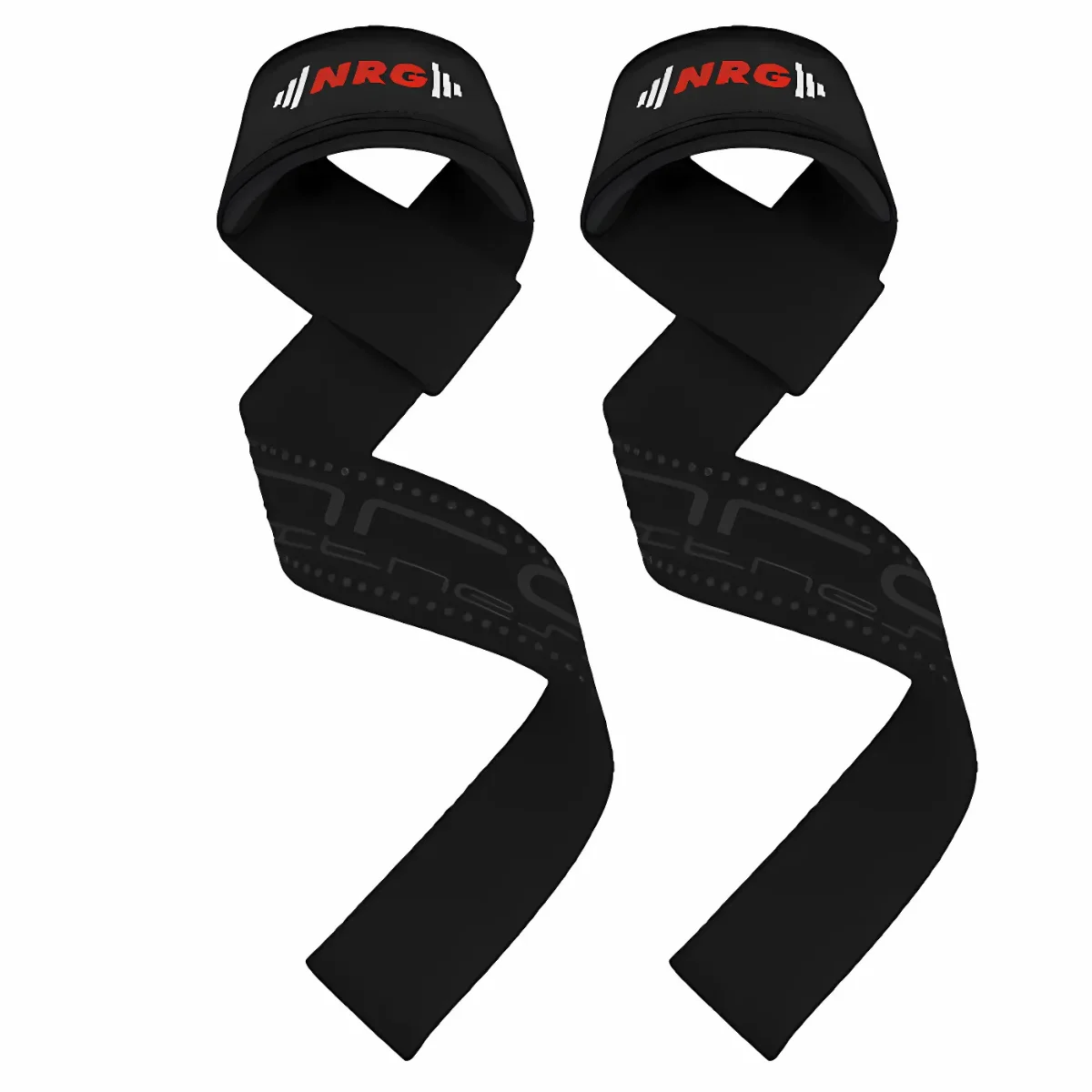 Twee zwarte NRG-hefbanden met rode letters, ontworpen met een lus voor de pols en een lange band voor de grip.