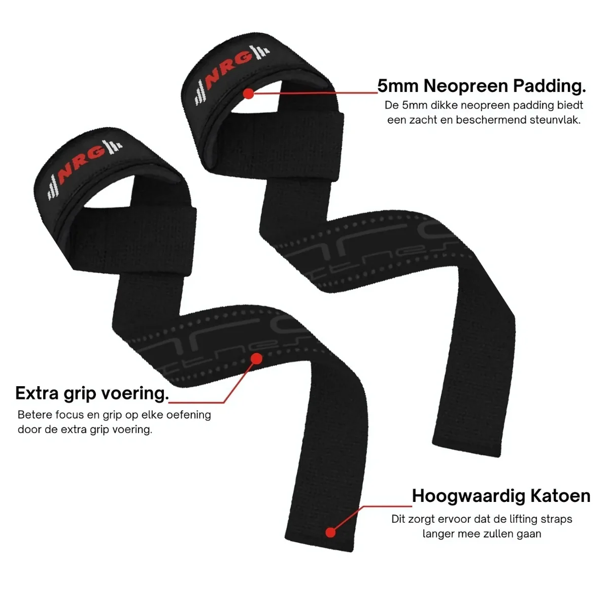 Twee zwarte NRG-hefbanden met rode letters, gelabeld met kenmerken zoals neopreen vulling en extra grip.