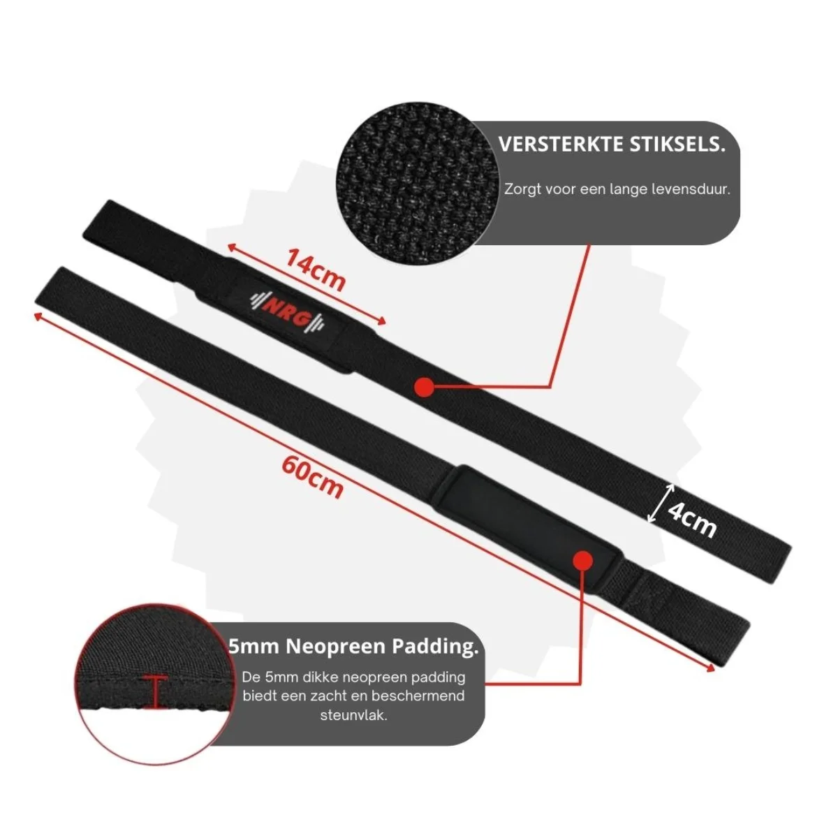 Twee zwarte banden met afmetingen. Eén heeft NRG-logo, 5 mm vulling en details van versterkte stiksels.