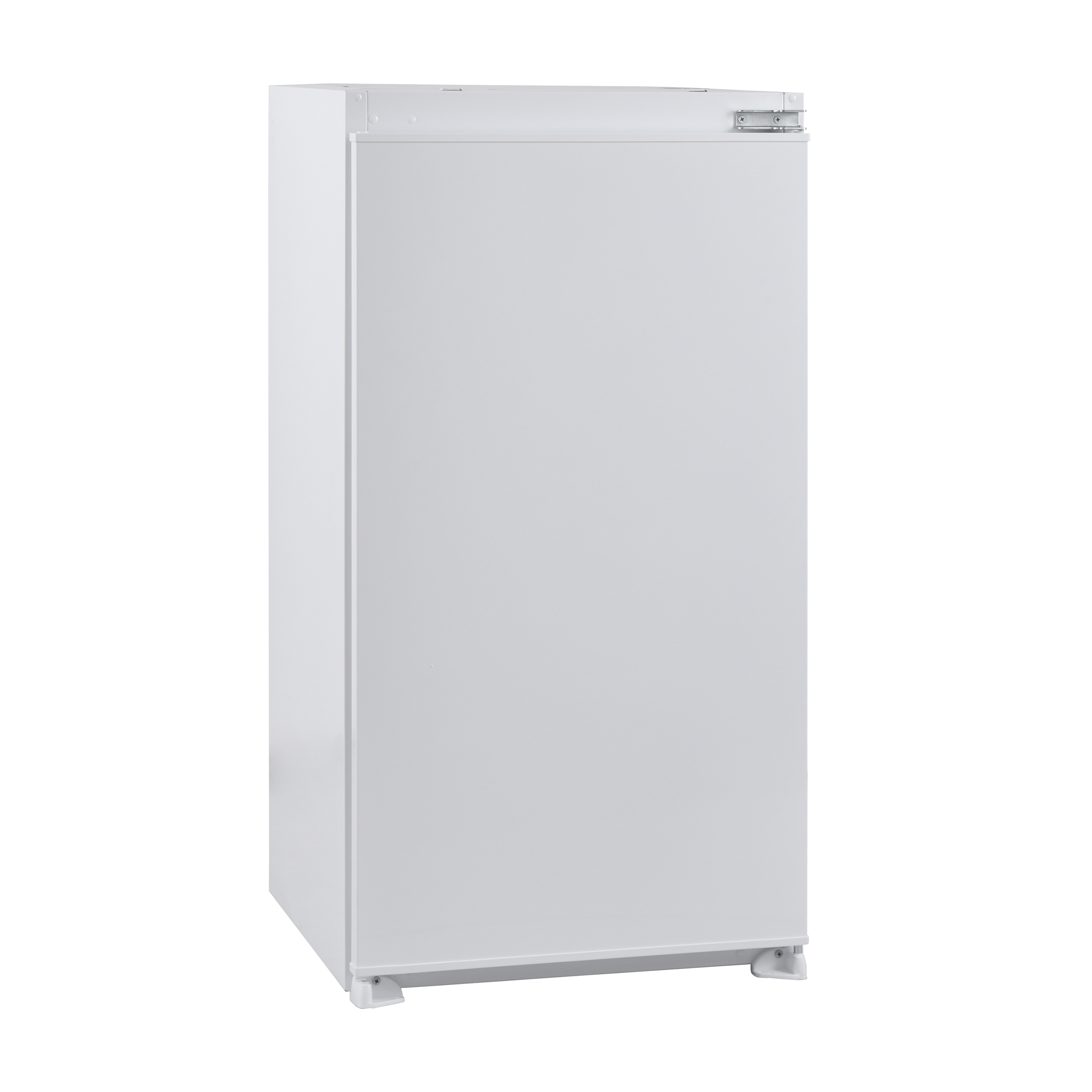 Weißer Kühlschrank, aufrecht rechteckige Form. Weiße Tür mit Griff, weißer Hintergrund.