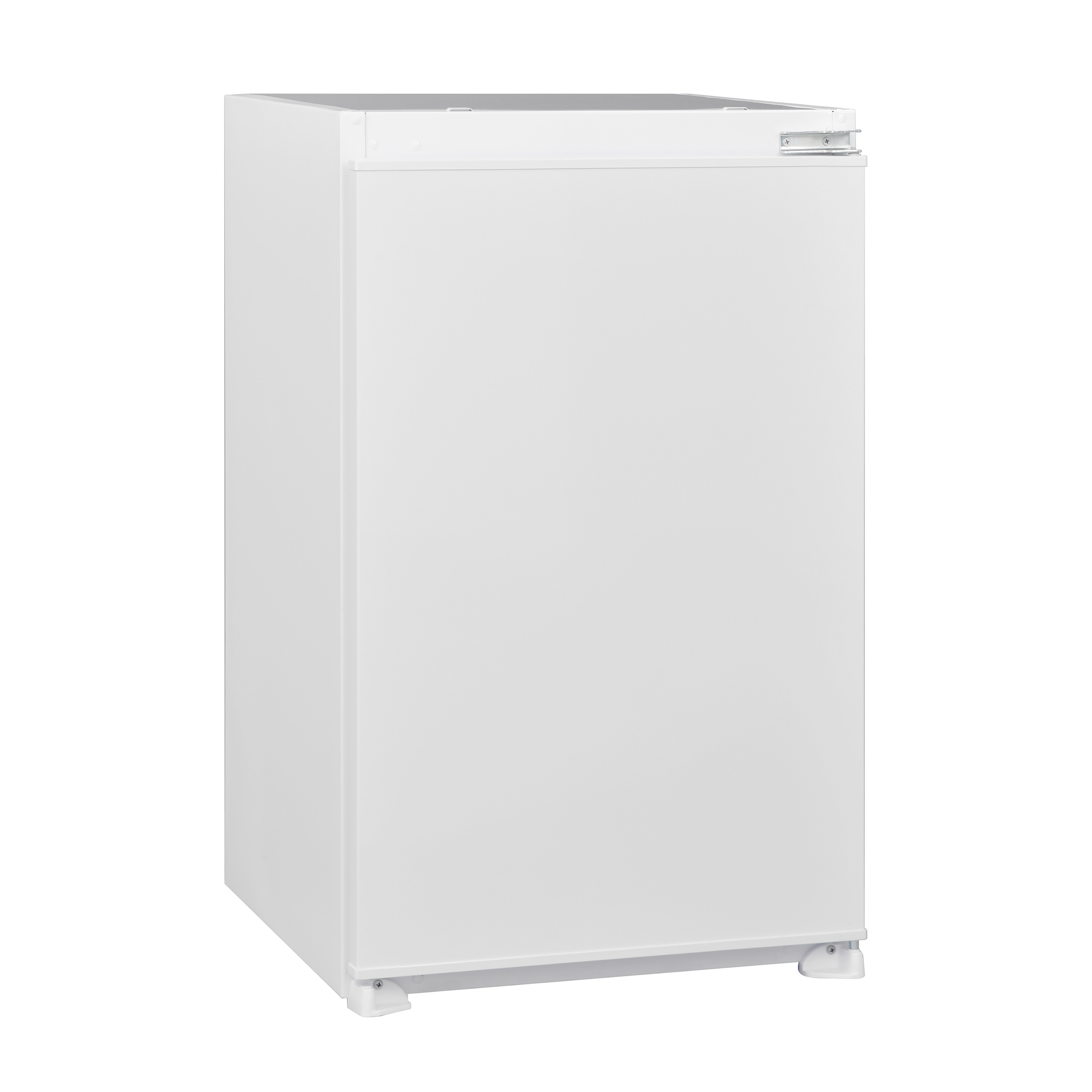 Weißer Kühlschrank, aufrecht rechteckige Form. Weiße Tür, weißer Hintergrund.