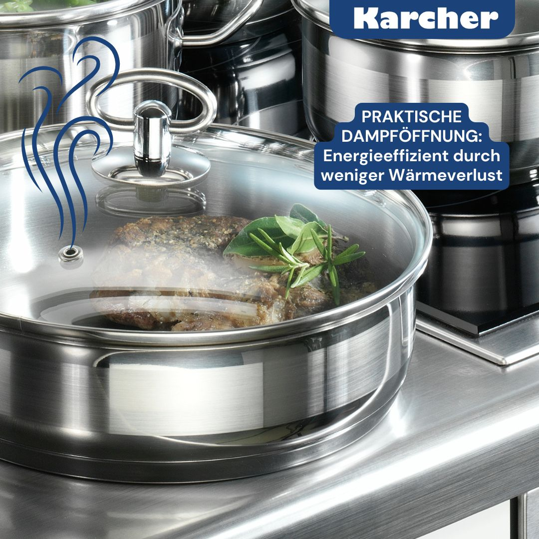 Edelstahltöpfe. Glasdeckel auf einem Topf mit Essen. Deutscher Text. Kärcher-Logo oben sichtbar.