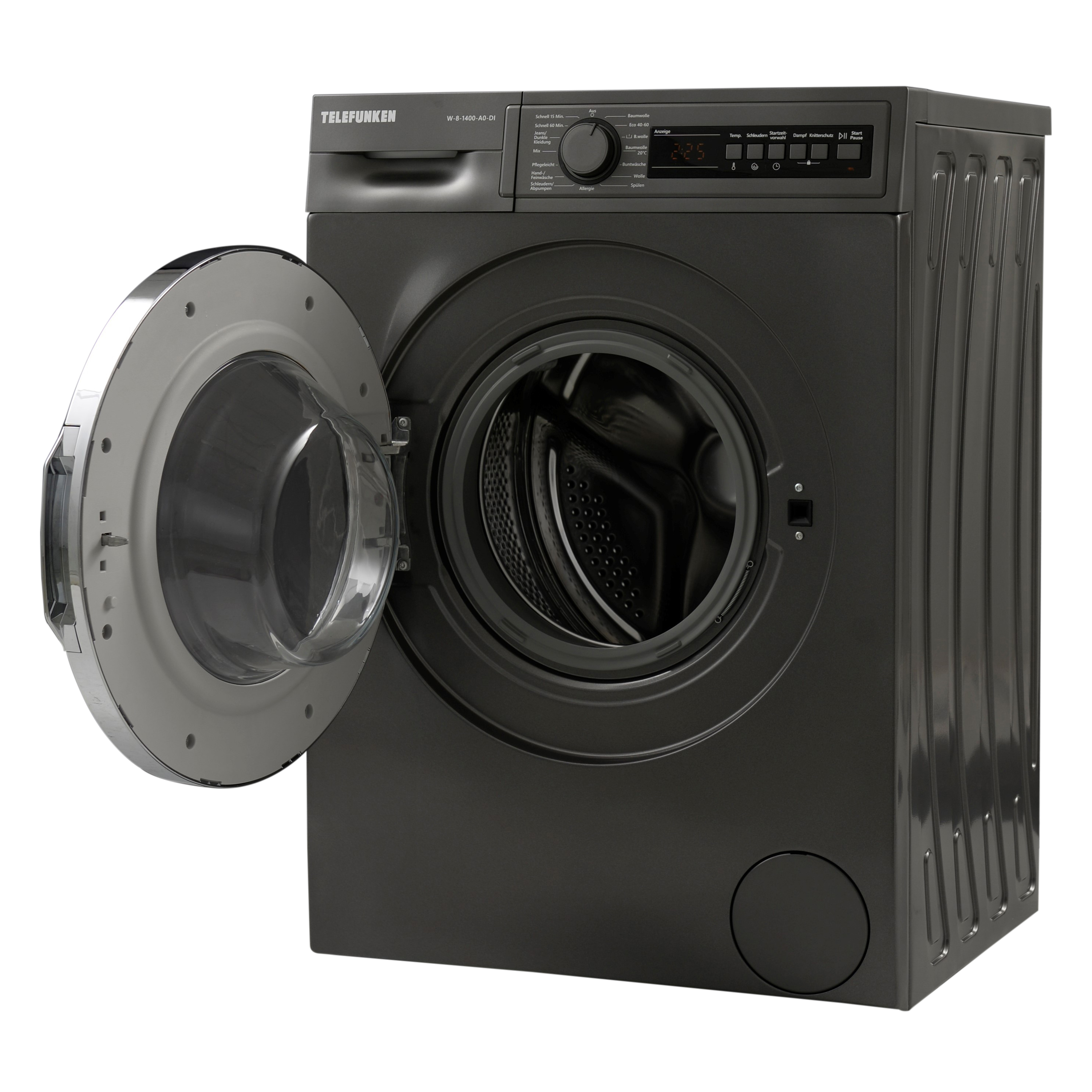 Schwarze Waschmaschine, Tür offen. Maschine schwarz, mit Display und Knöpfen.
