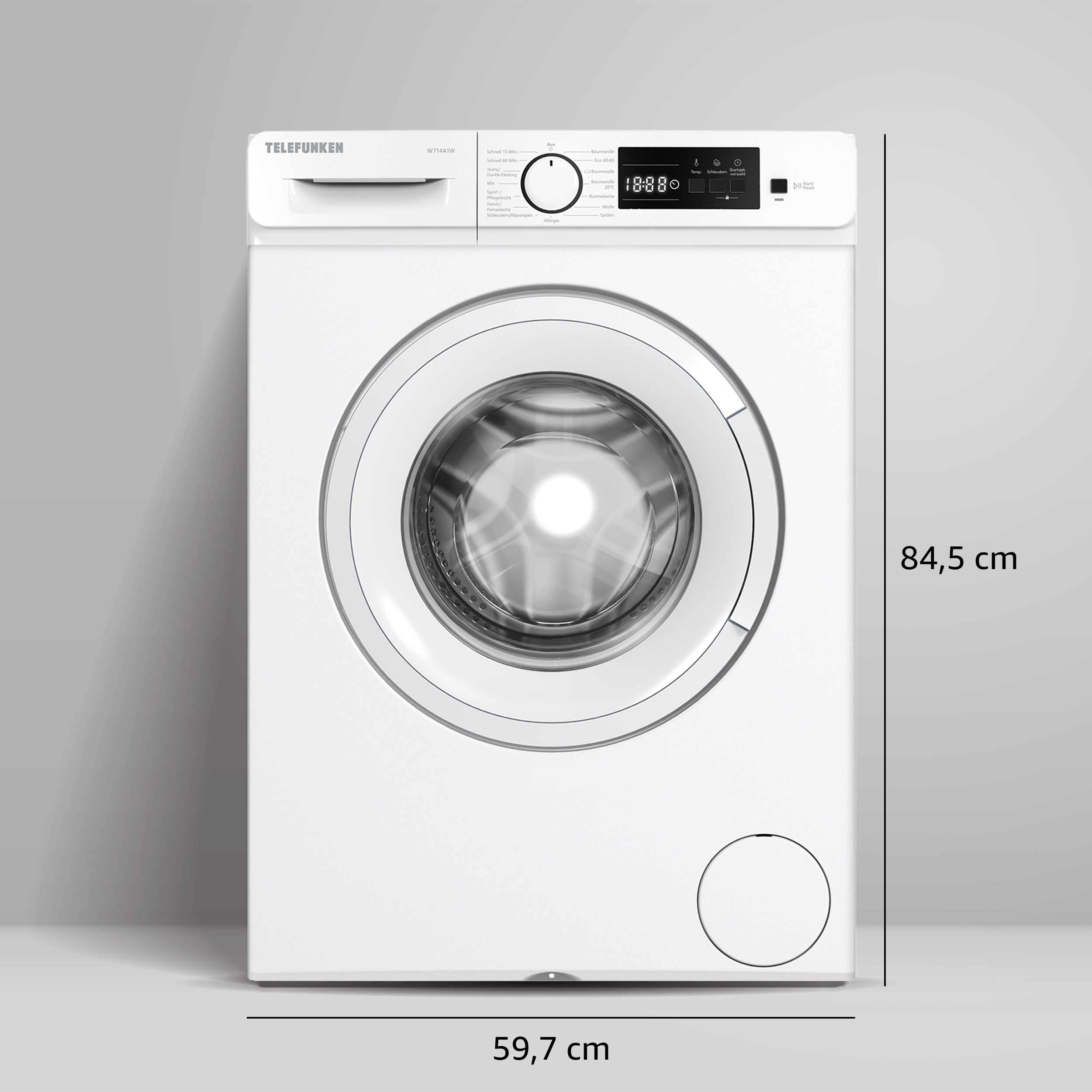 Weiße Waschmaschine, Maße sind 59,7 cm breit und 84,5 cm hoch. Die Marke ist Telefunken.