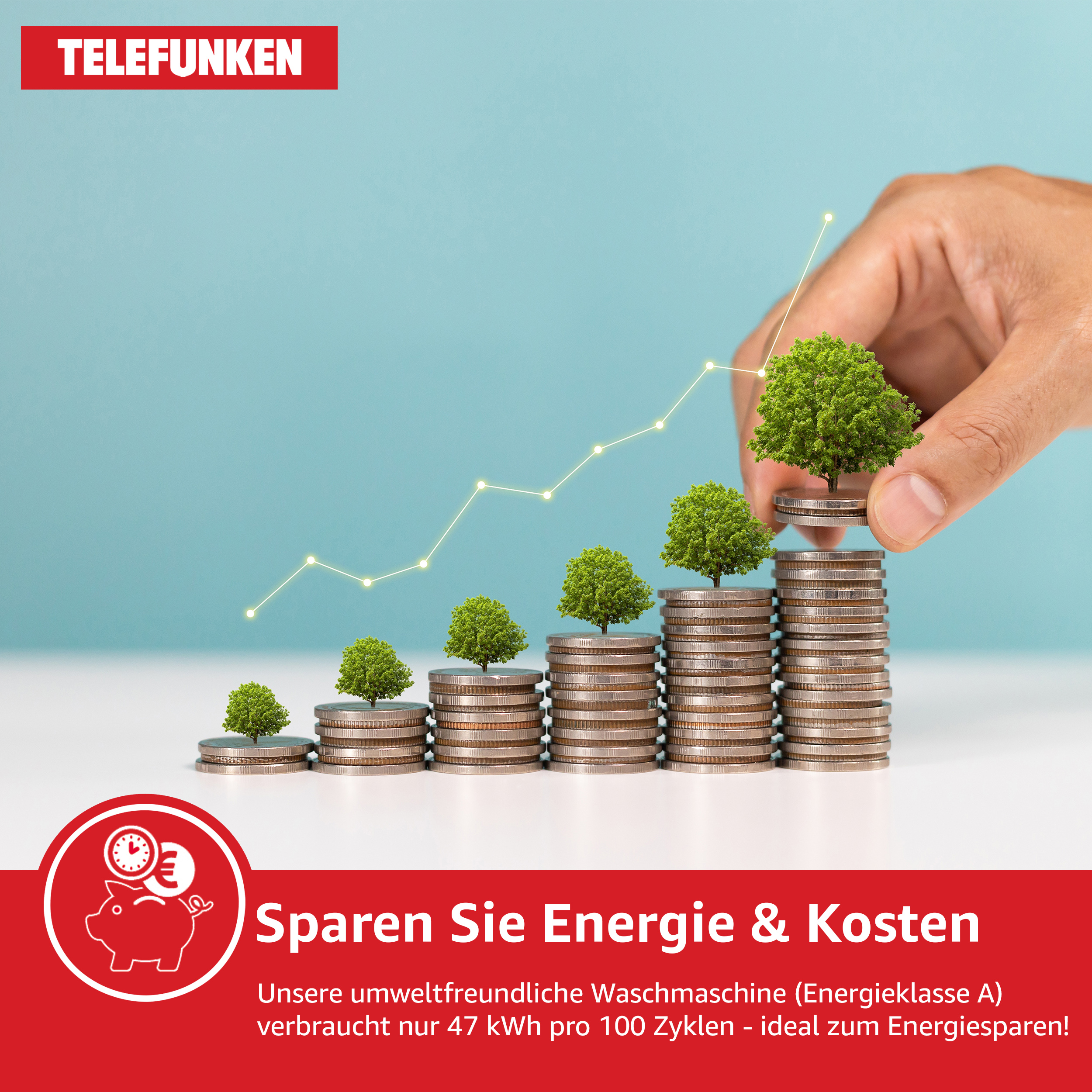 Münzen mit wachsenden Bäumen, gehalten von einer Hand. Telefunken-Logo, Text über Energiesparen.
