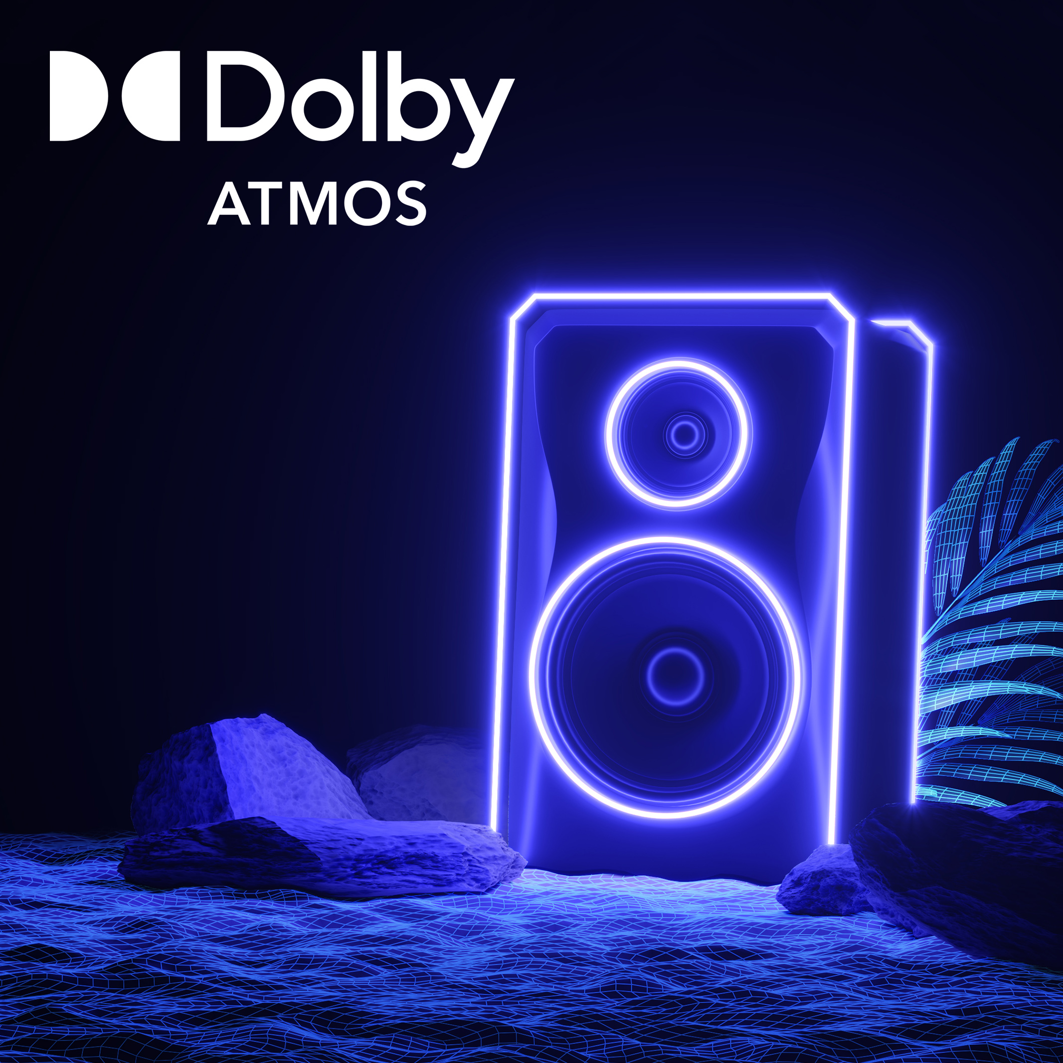 Blauer Neonlautsprecher und meeresähnlicher Boden. Dolby Atmos-Logo oben links.