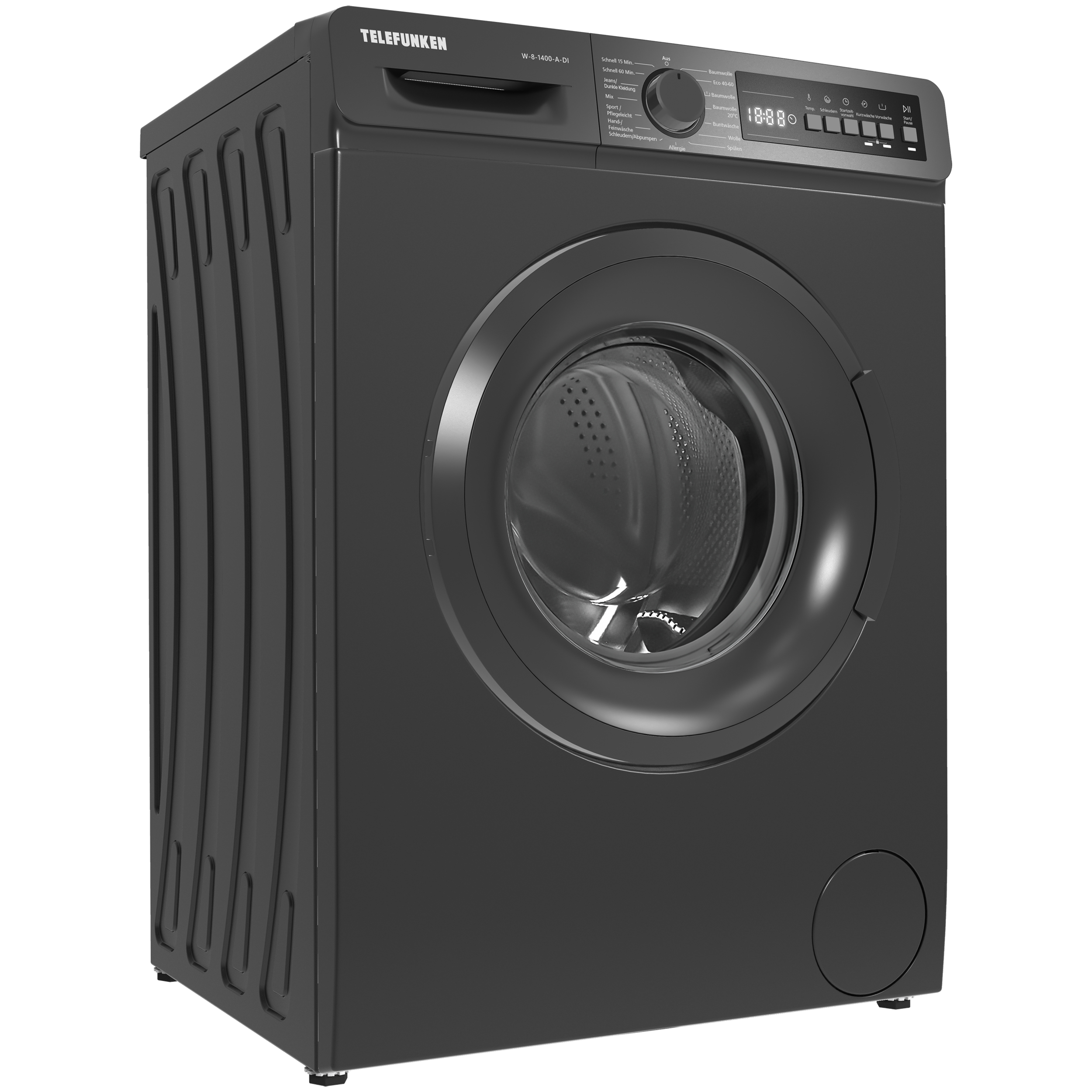 Eine schwarze Waschmaschine, Seitenansicht. Sie hat eine schwarze Tür und ein Bedienfeld. Das Telefunken-Logo ist vorhanden.