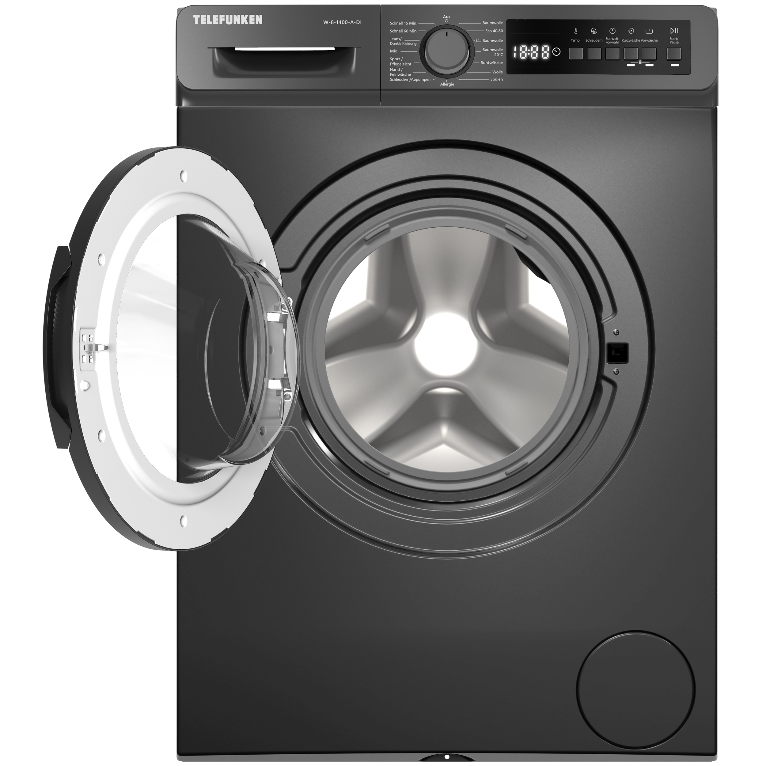 Eine schwarze Waschmaschine mit geöffneter Tür, die Trommel zeigend. Das Telefunken-Logo ist oben.