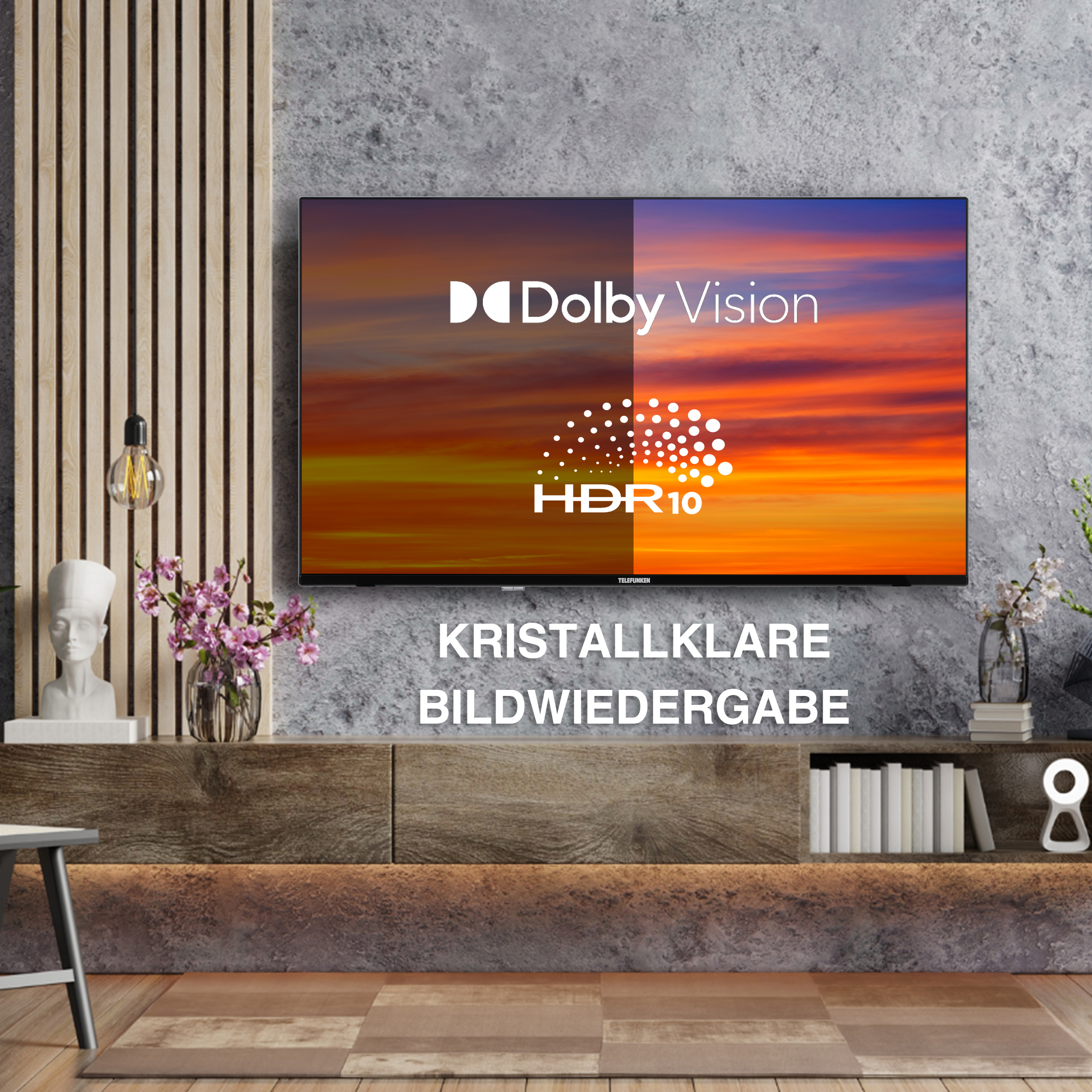 Ein TV-Bildschirm zeigt einen Sonnenuntergang. Der Text lautet: 'Kristallklare Bildwiedergabe'.