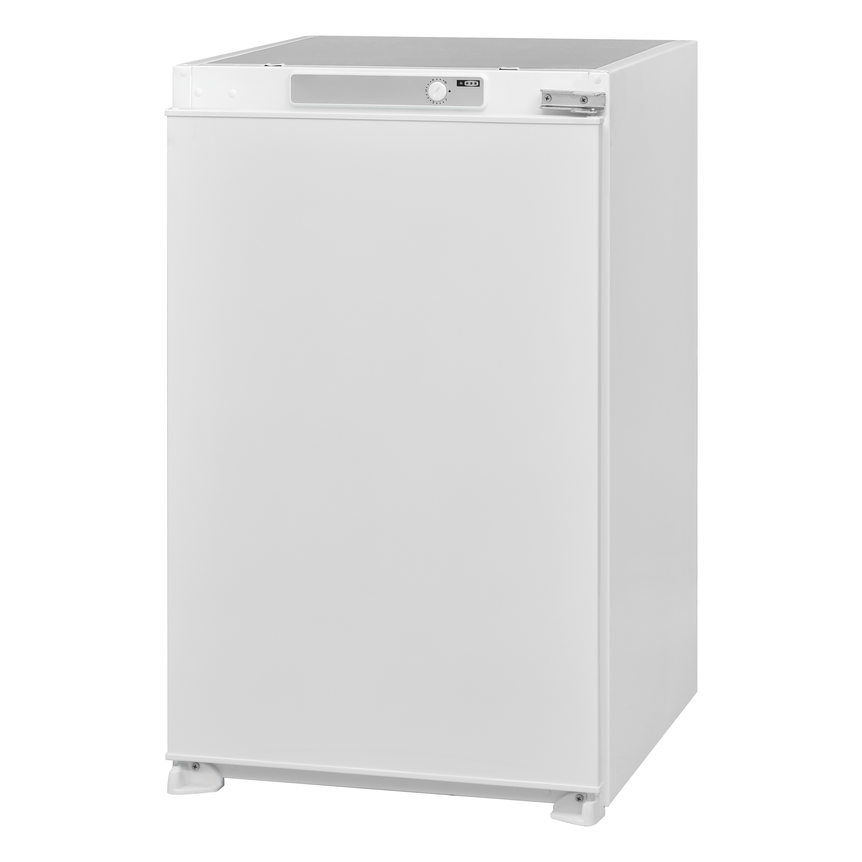 Weißer Kühlschrank. Eine Tür, Bedienelemente oben und ein Griff. Isoliert auf weißem Hintergrund.